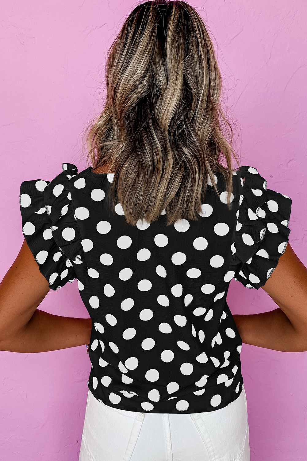 Black Polka Dot Print Ruffled Sleeve V Neck Blouse - loveforevers