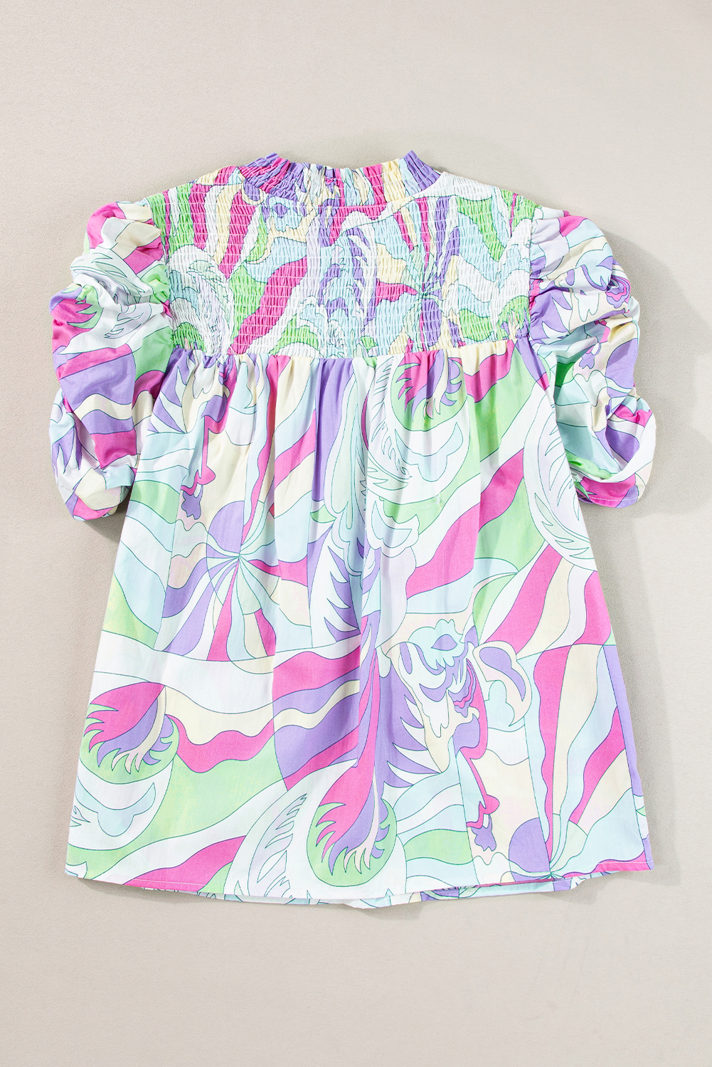 Green Abstract Print Bubble Sleeve Smock Detail Blouse - loveforevers