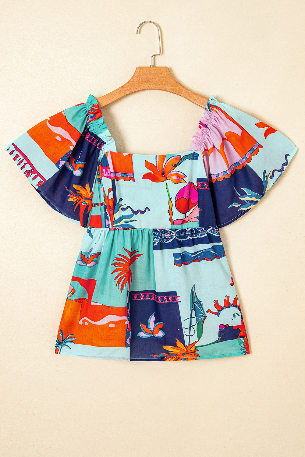 Sky Blue Tropical Printed Square Neck Flutter Sleeve Babydoll Blouse - loveforevers