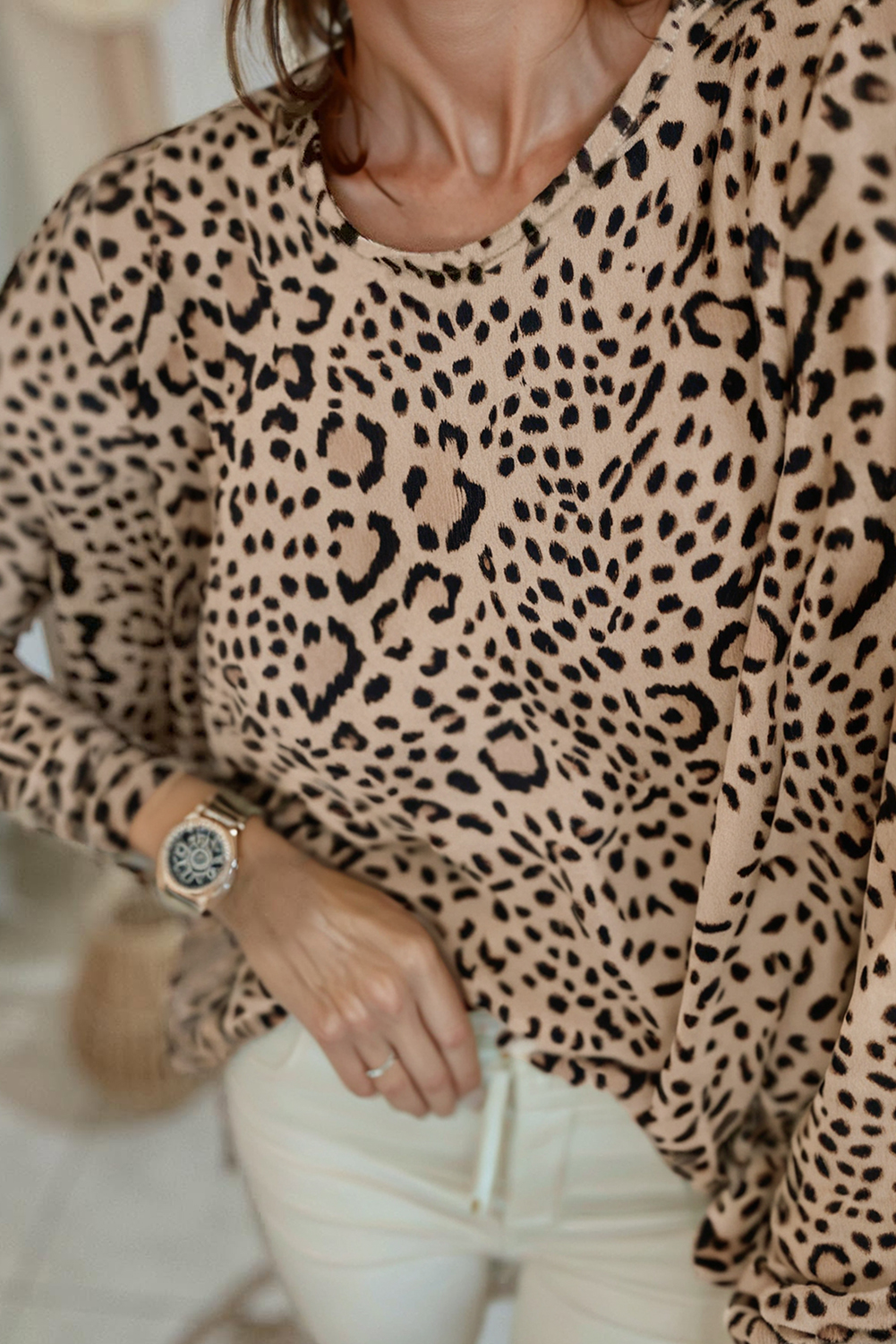 Khaki Leopard Print Long Batwing Sleeve Loose Top - loveforevers