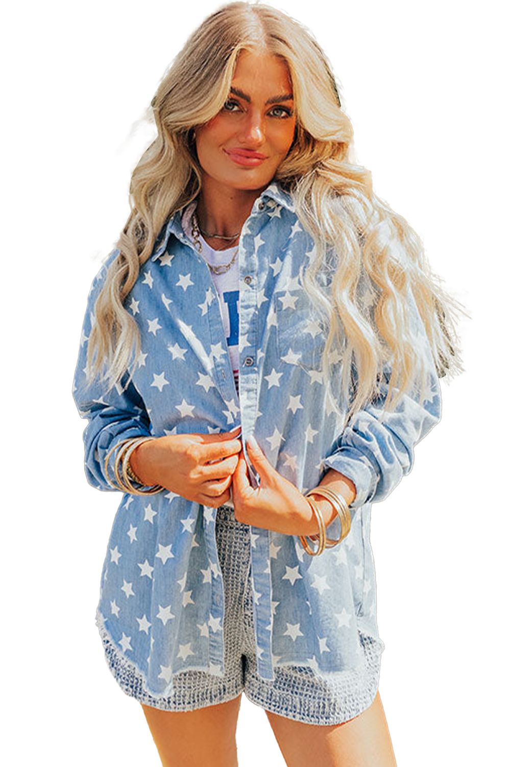 Sky Blue Star Print Light Wash Raw Hem Denim Jacket - loveforevers