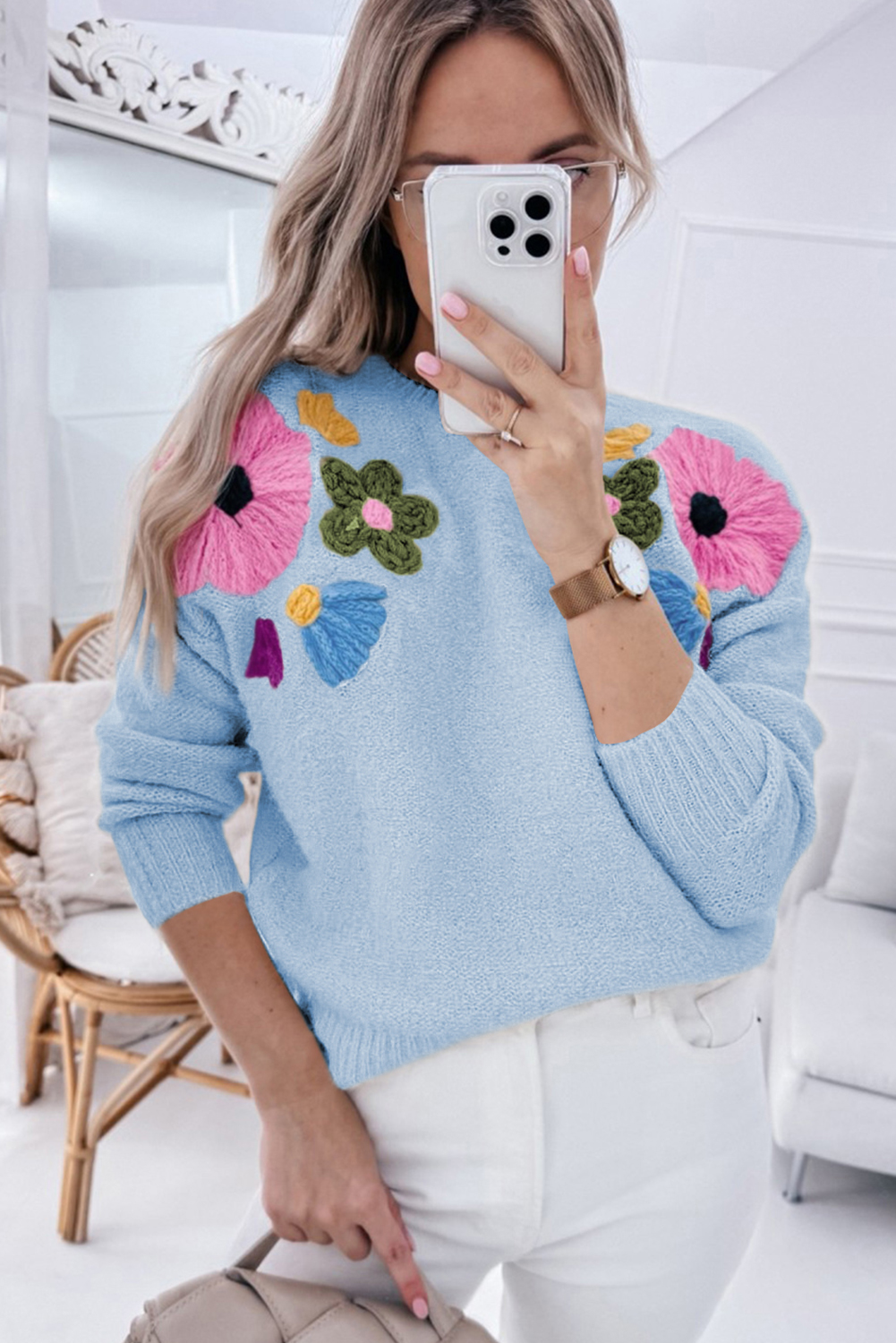 Pink Knitted Flower Pattern Ribbed Edge Sweater - loveforevers