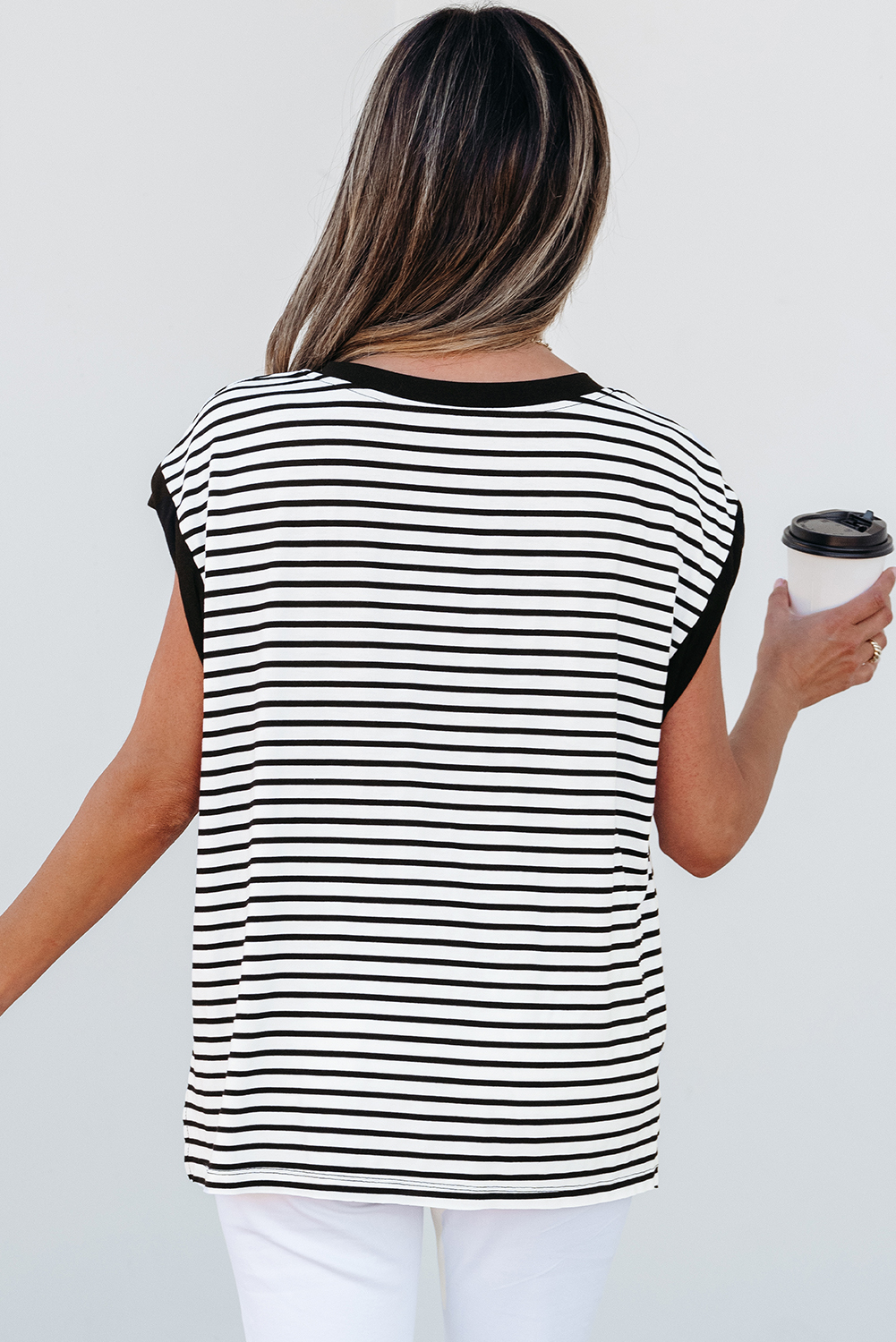 Black Stripe Sequined Lobster Patched Pocket Casual Tank Top - loveforevers