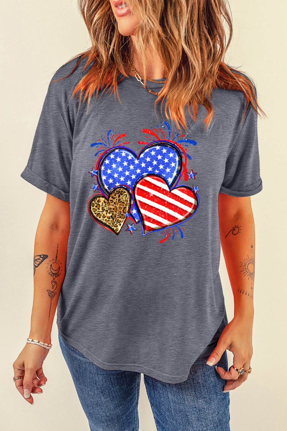 Gray American Heart July 4th Celebration Graphic T Shirt - loveforevers