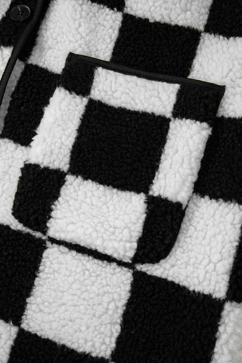 Black Checkered Side Pockets Collared Buttoned Fleece Jacket - loveforevers