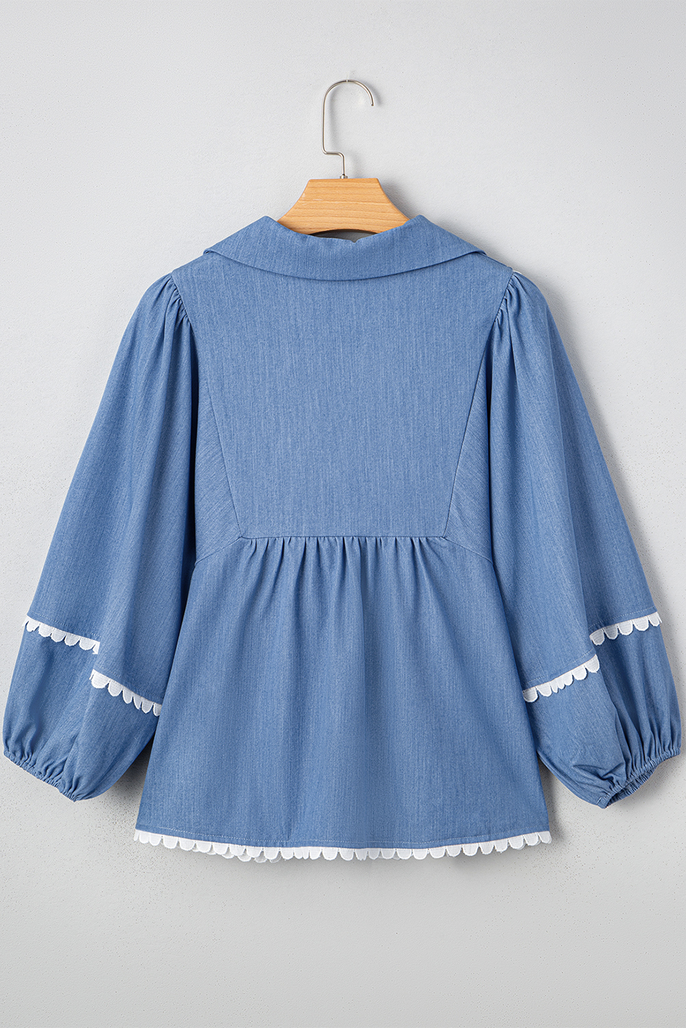 Dusk Blue Lace Ric Rac 3/4 Puff Sleeve Collared Babydoll Blouse - loveforevers