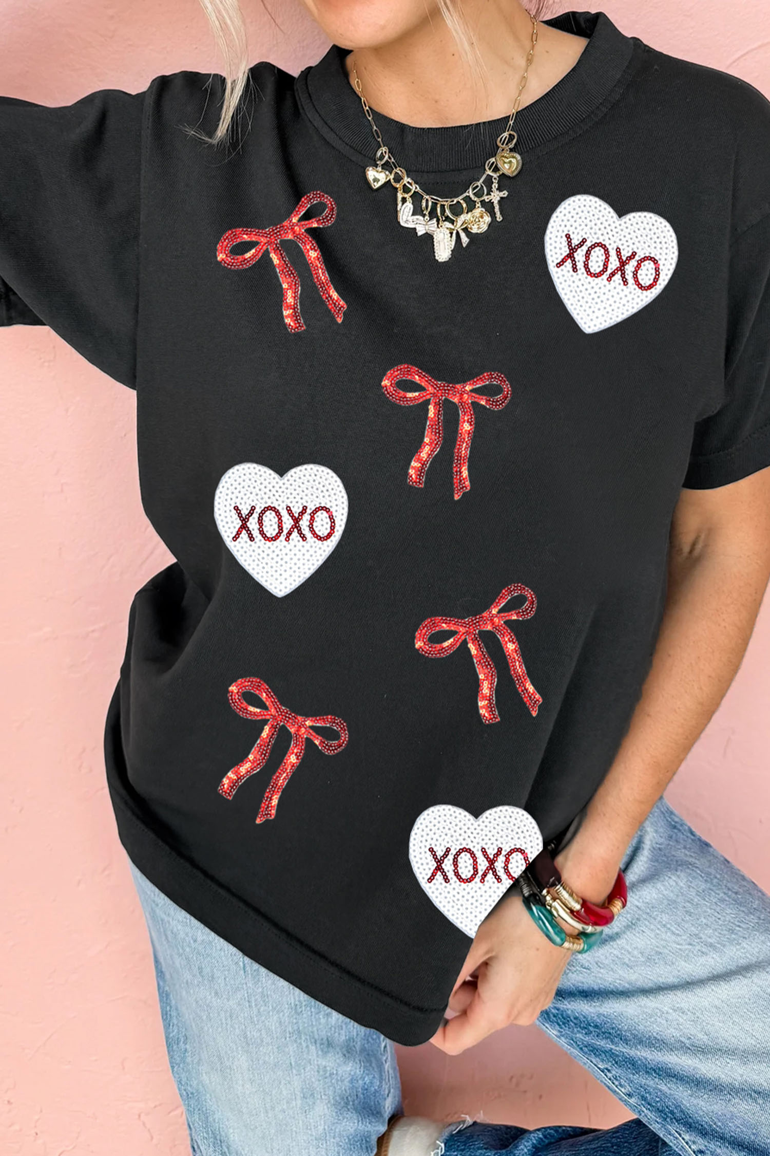 Black Valentines Bow XOXO Heart Sequin Patched Loose T Shirt - loveforevers