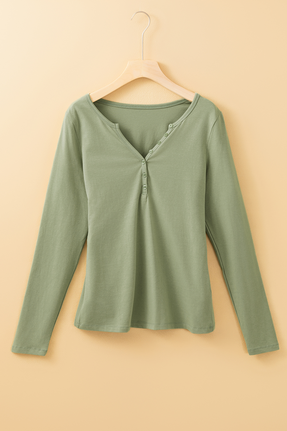Pale Khaki Long Sleeve Buttons V Neck Slim Fit Top - loveforevers