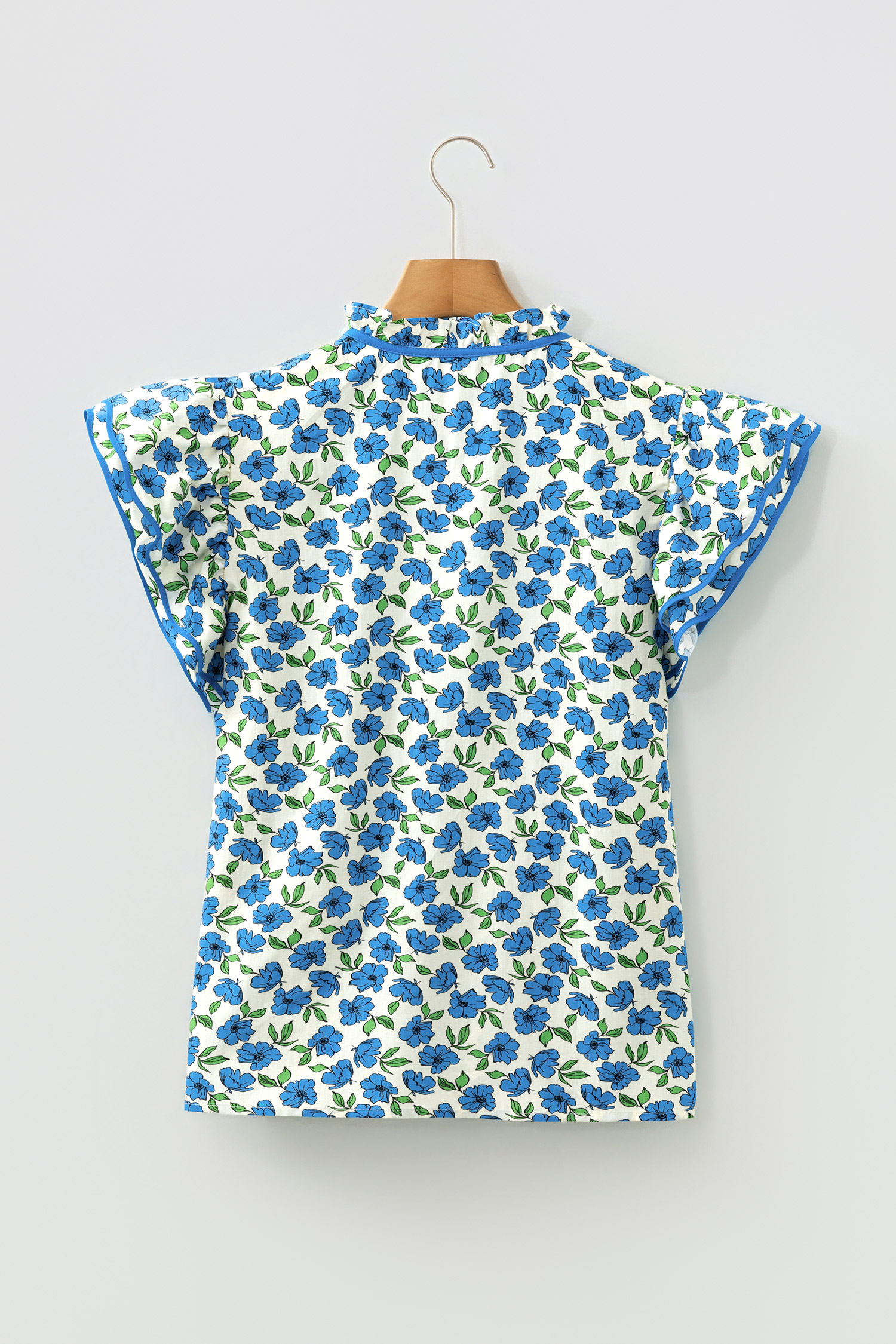 Sky Blue Tiered Flutter Sleeve Pleated Flower Blouse - loveforevers