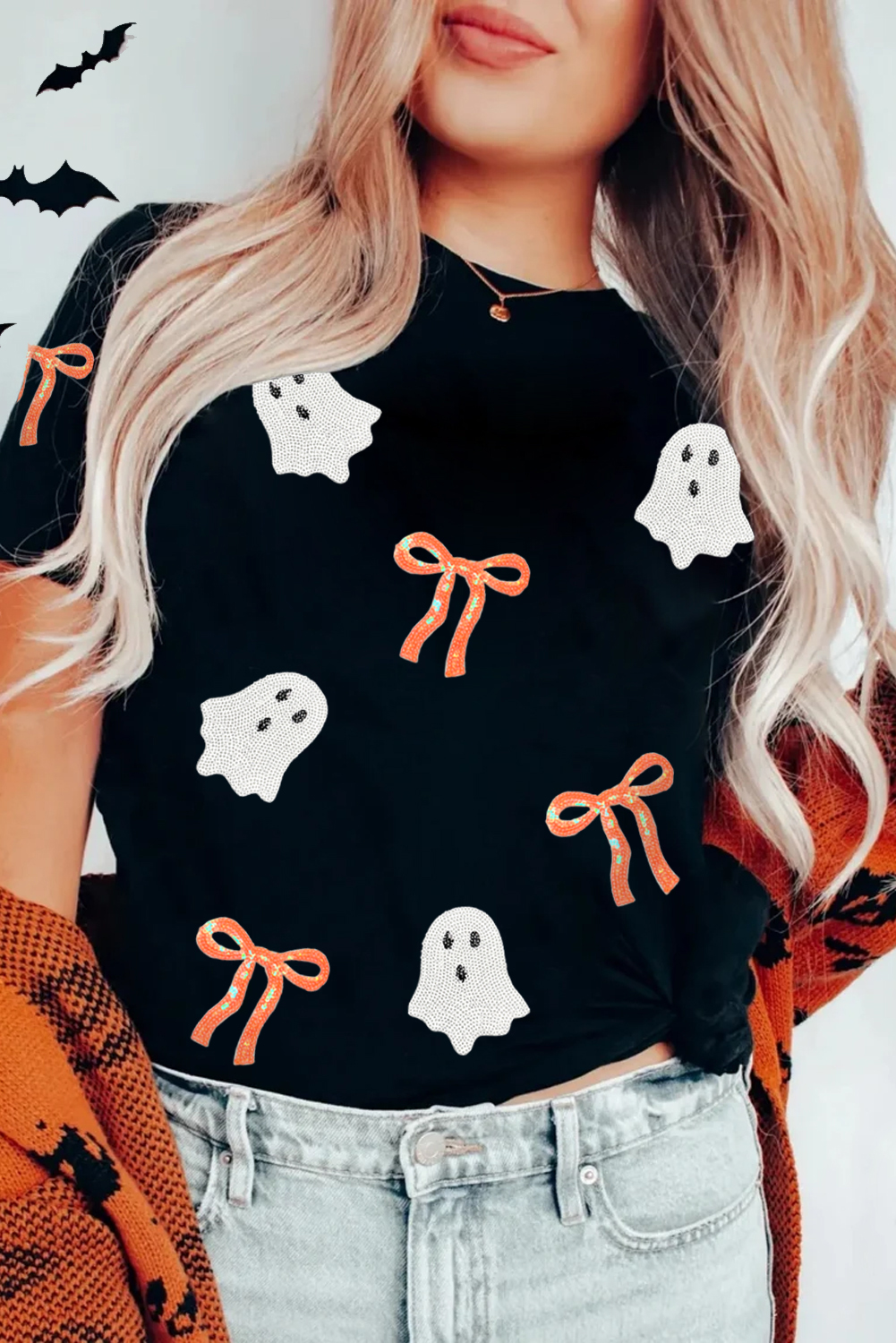 Black Sequin Bow Ghost Patched Halloween Graphic Tee - loveforevers