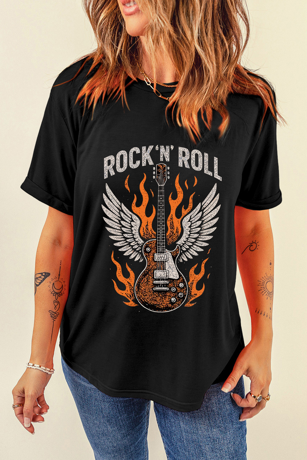 Black Guitar Wings Slogan Print Crew Neck T Shirt - loveforevers