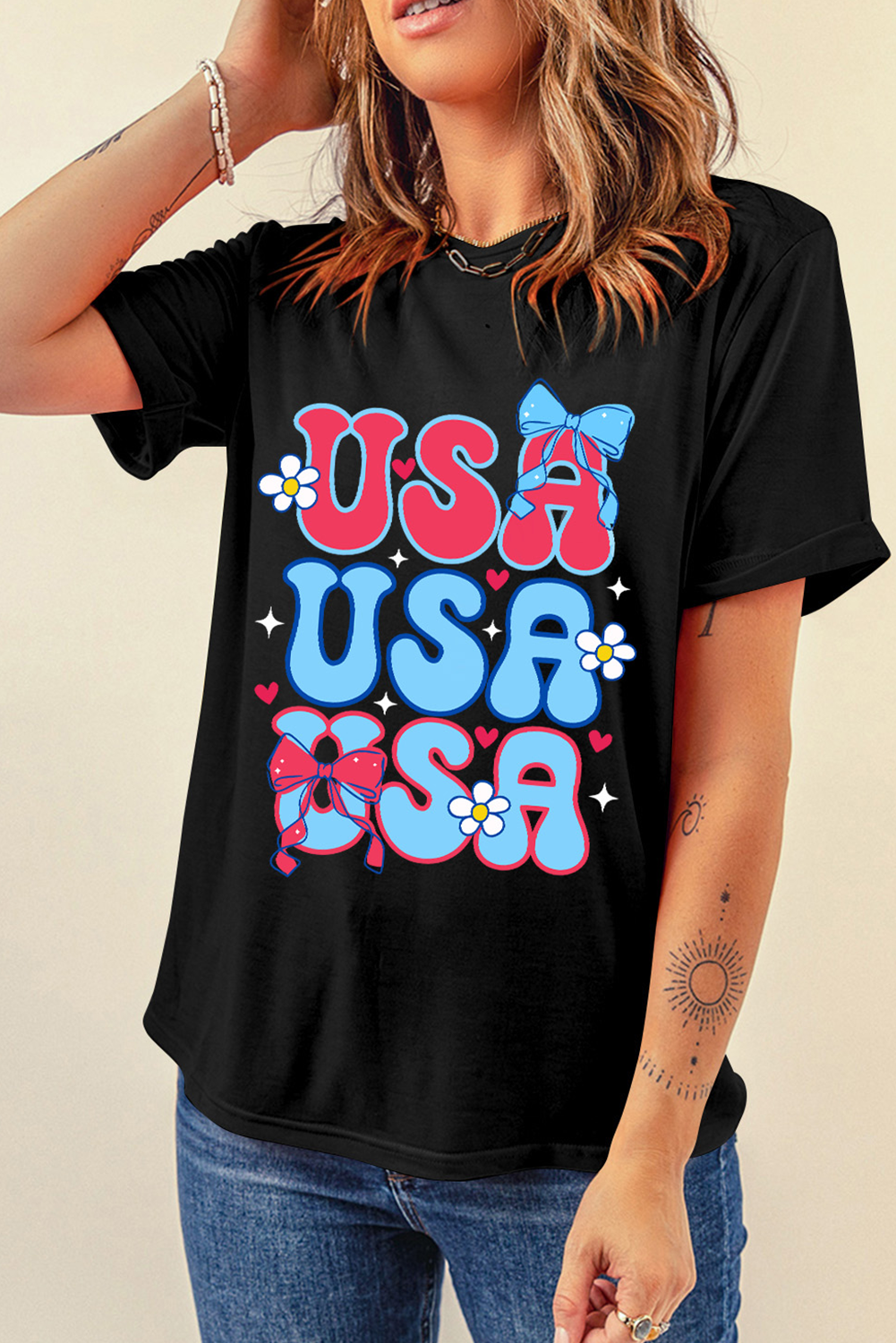 Black July 4th Cute Flower Bow USA Letter Graphic Tee - loveforevers