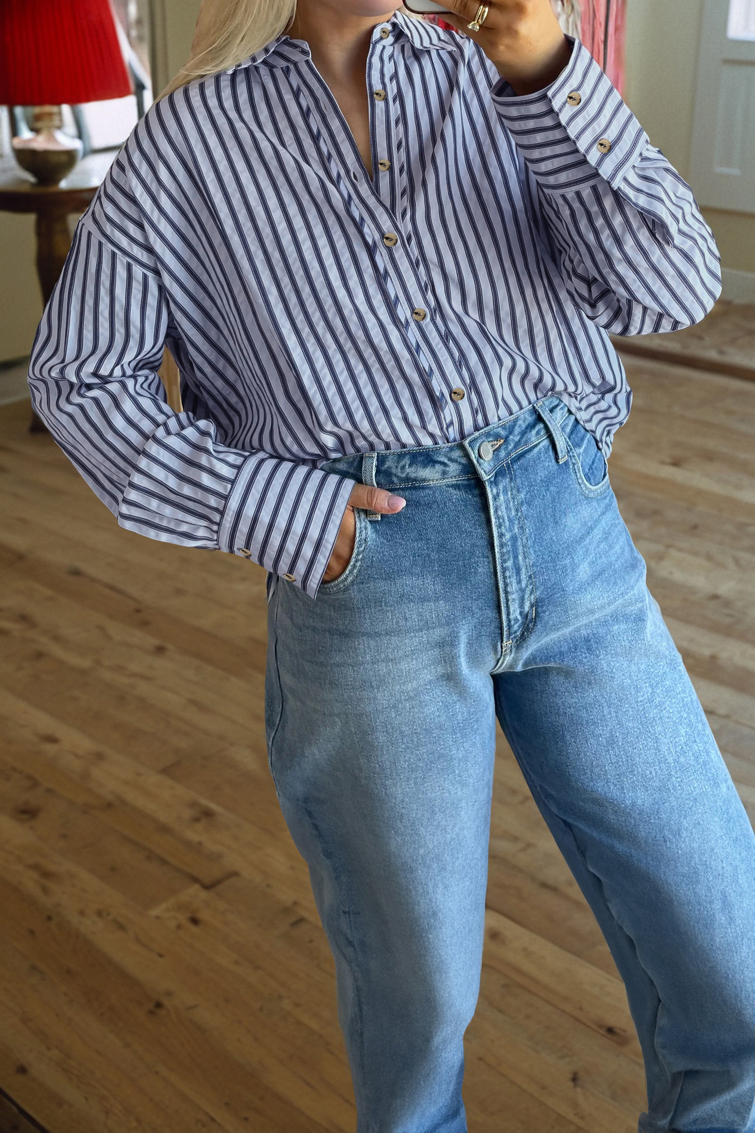 Blue Stripe Button Down Long Sleeve Loose Shirt - loveforevers