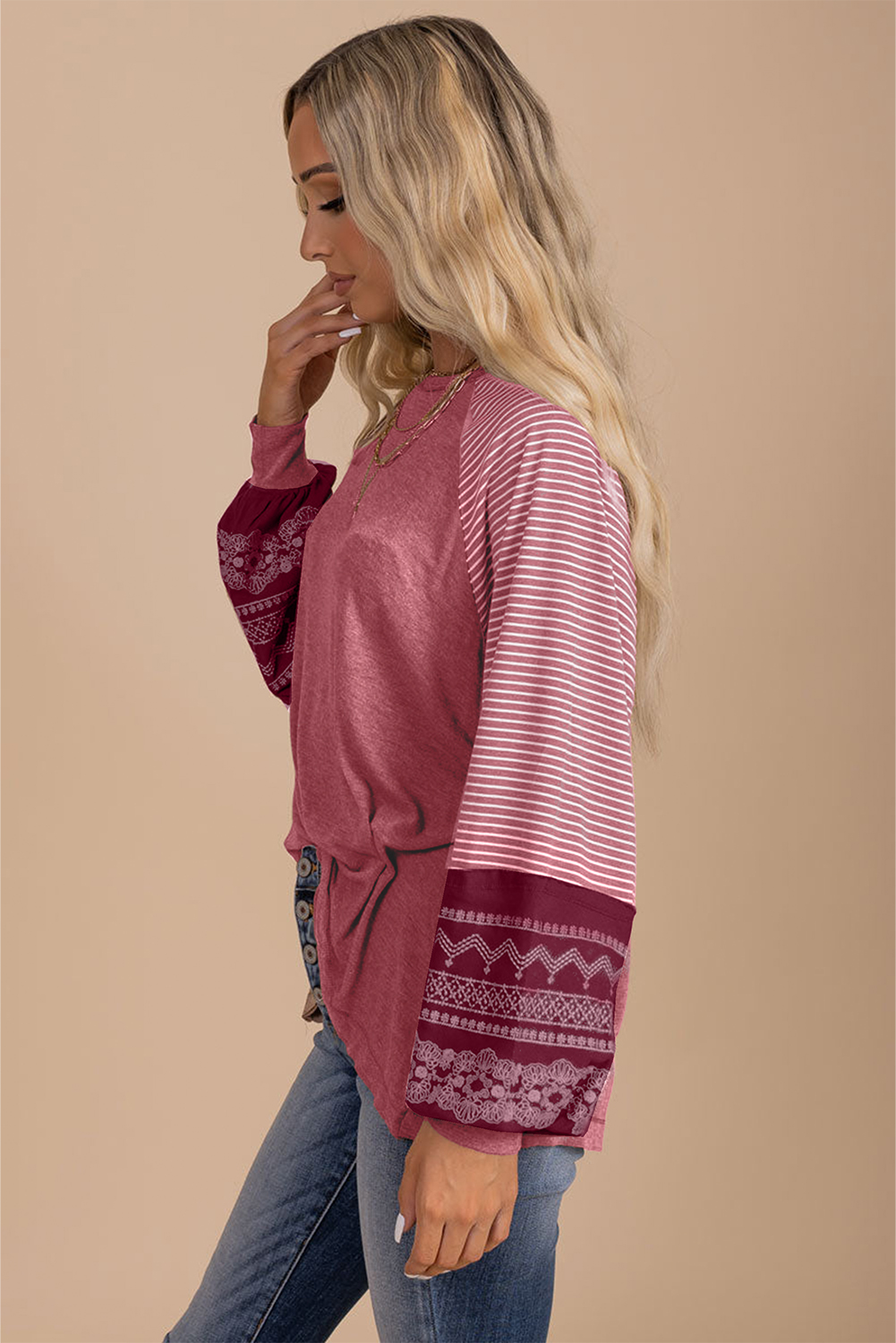 Tillandsia Purple Contrast Print Striped Raglan Long Sleeve Loose Top - loveforevers