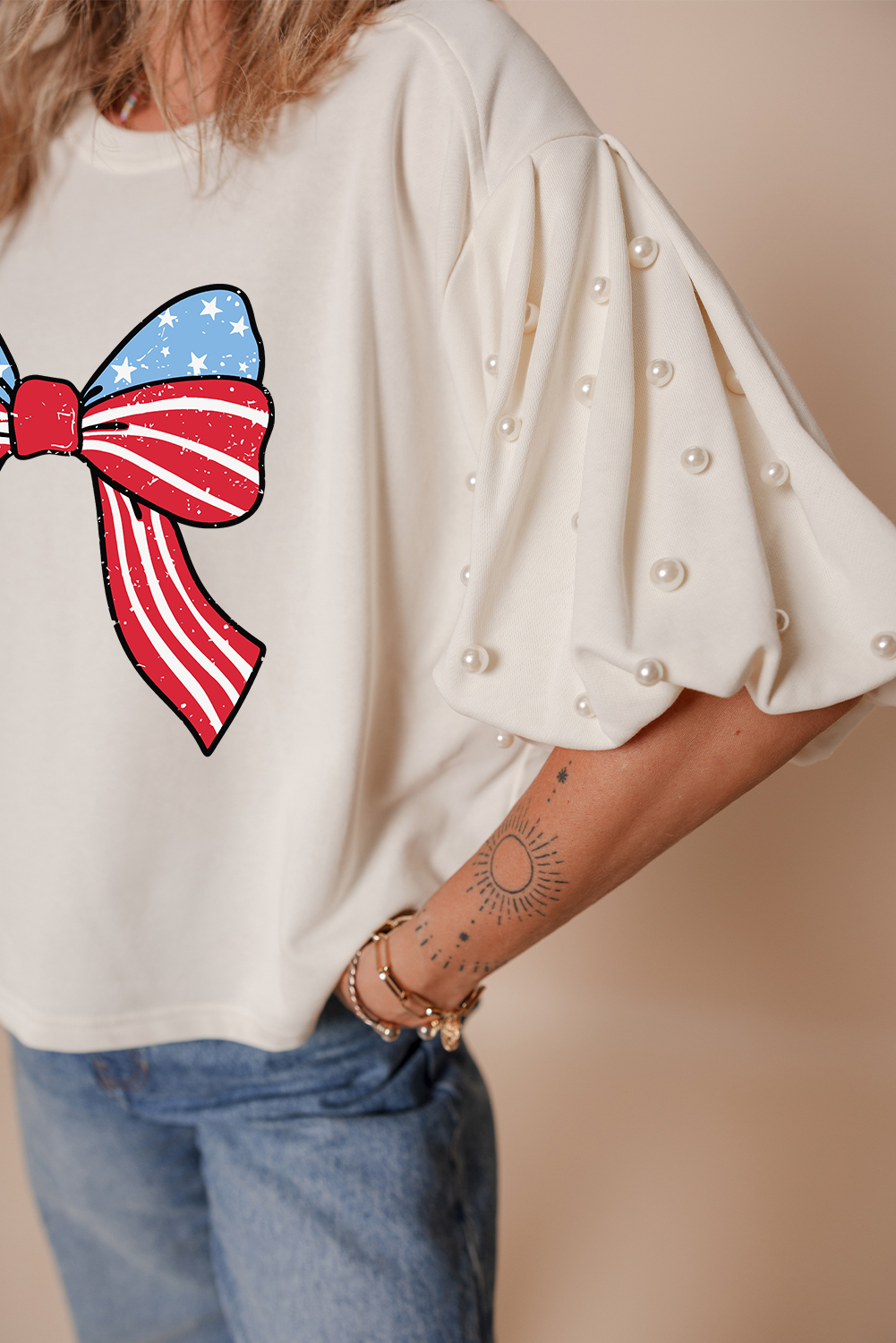 White Stars Stripes Bowknot Graphic Pearled Puff Half Sleeve T Shirt - loveforevers