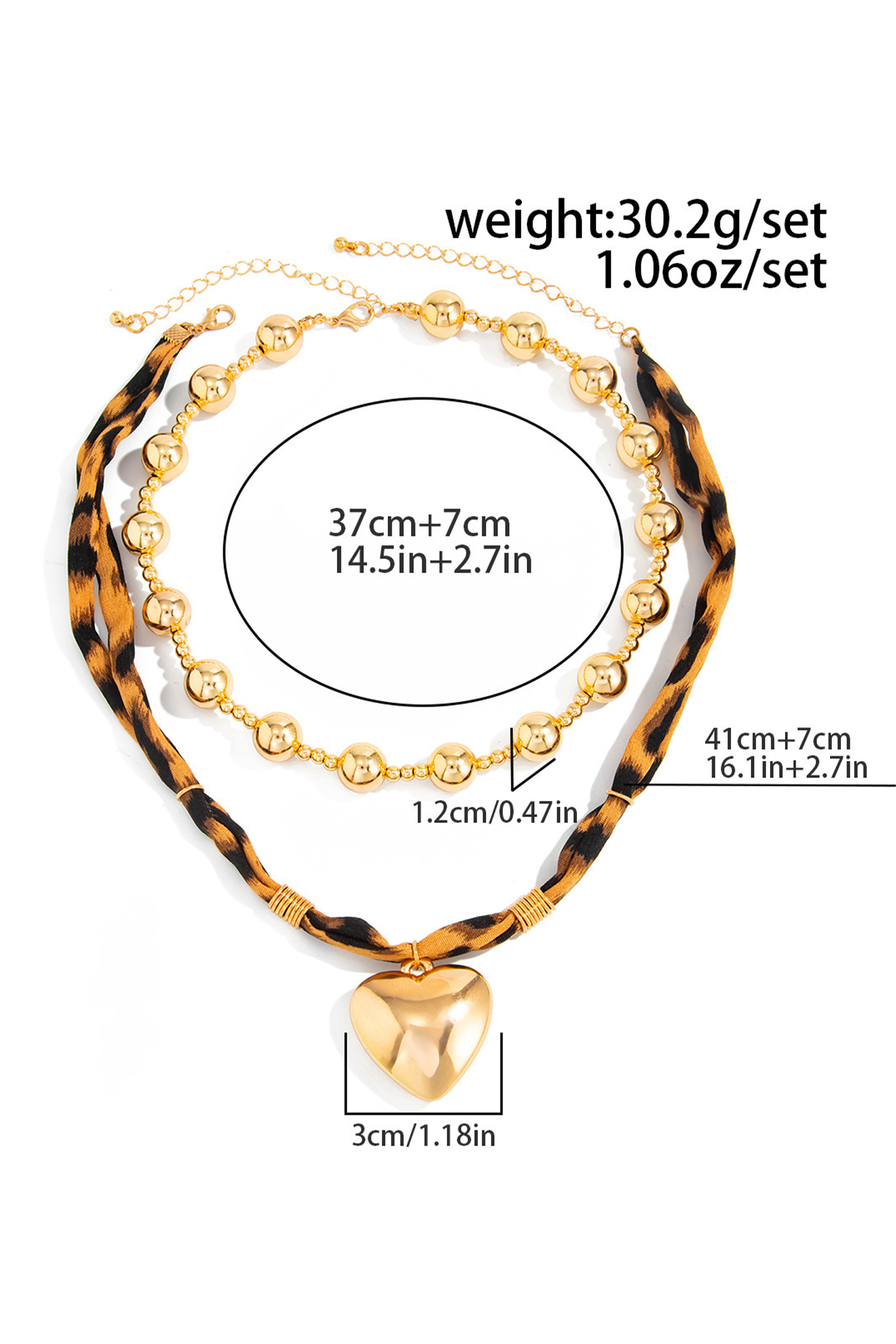 Gold Plated Mixed Beads Heart Charm Leopard Scarf 2pcs Necklace Set - loveforevers
