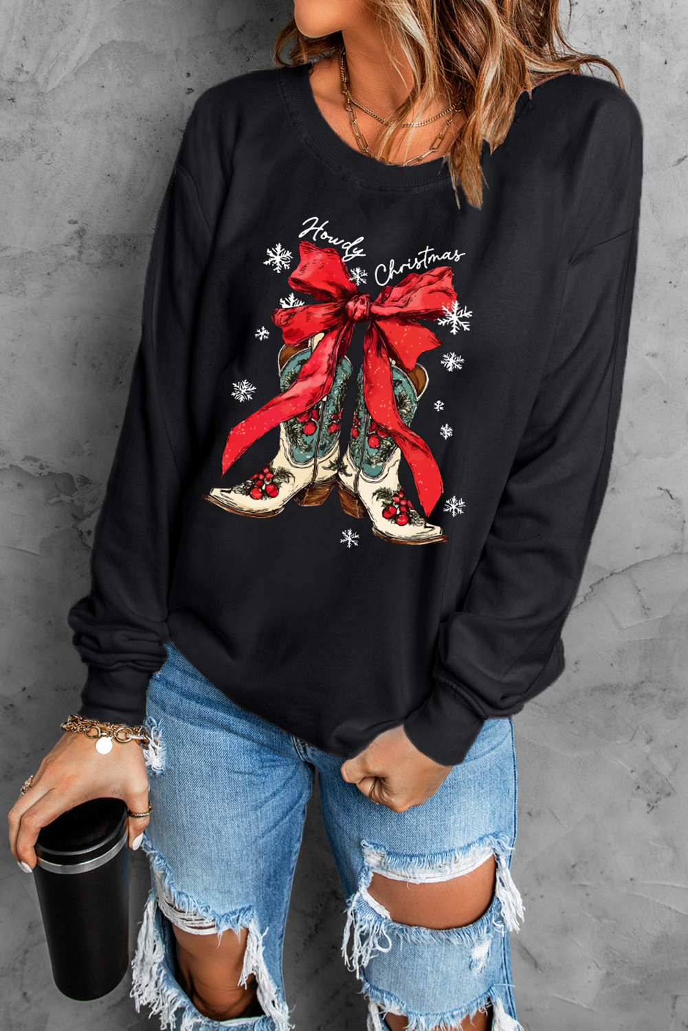 Black Howdy Christmas Ribbon Bow Knot Western Boots Graphic Sweatshirt - loveforevers