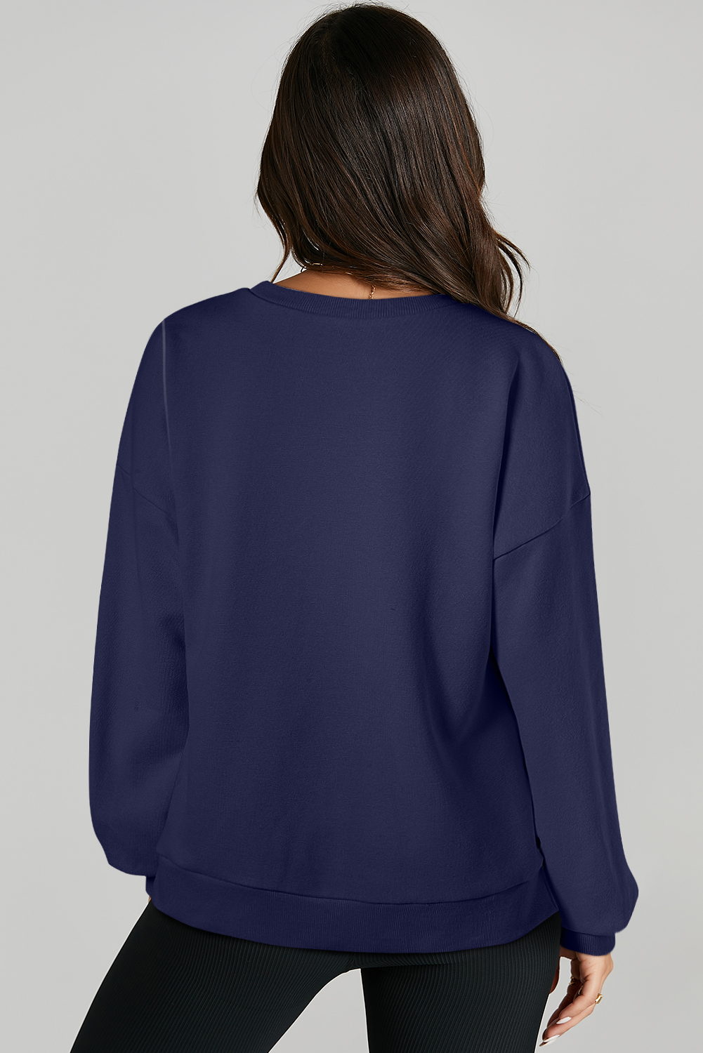 Navy Blue Solid O Neck High Low Hem Pullover Sweatshirt - loveforevers