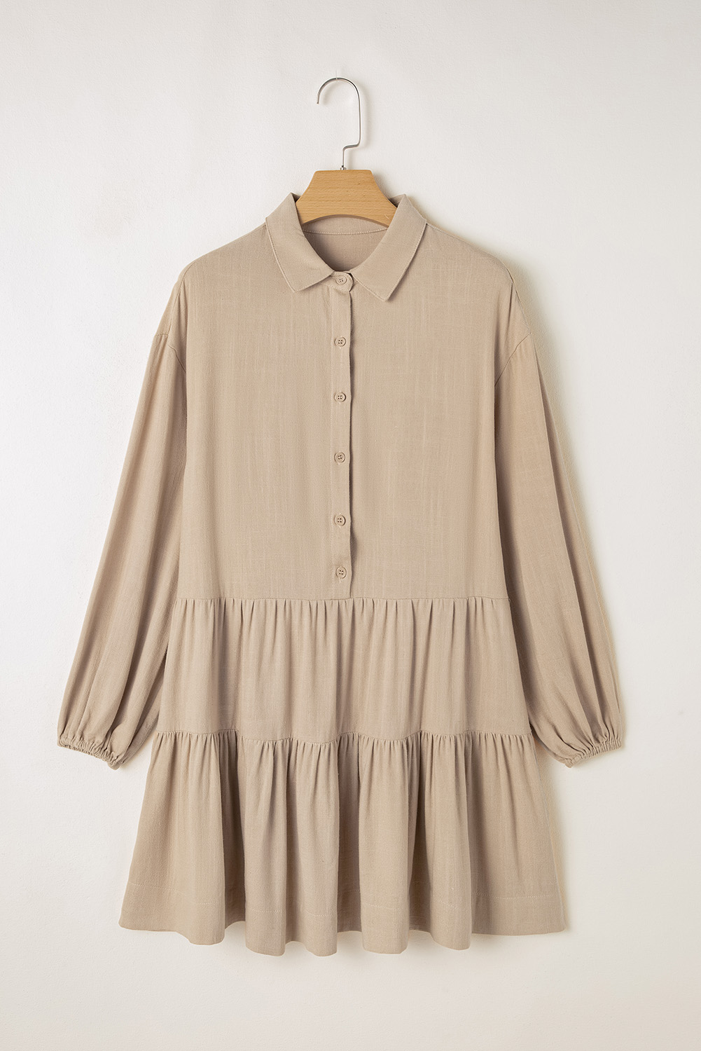 Jungle Green Puff Sleeve Buttoned Tiered Pleated Shirt Mini Dress - loveforevers