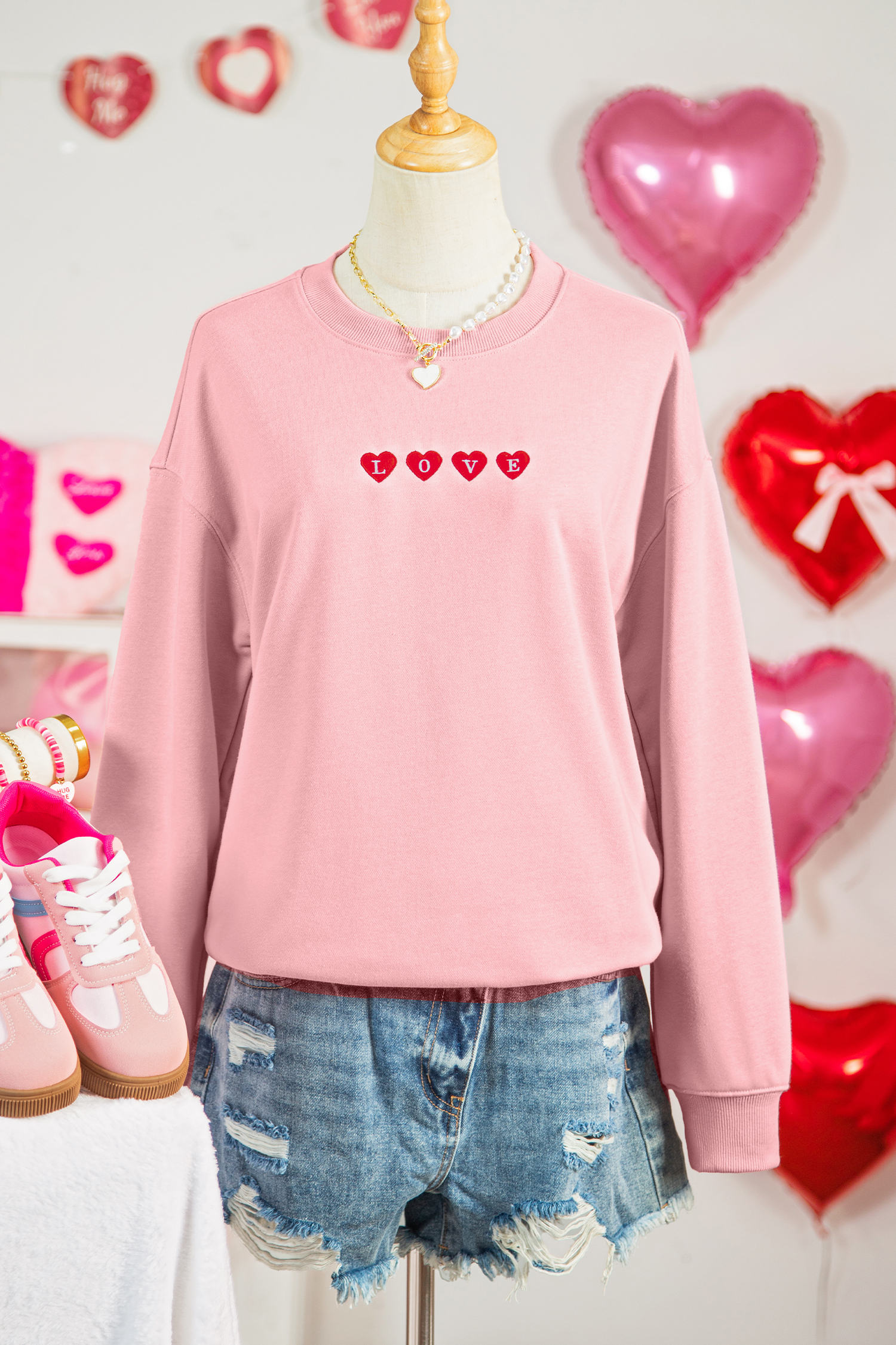 Pink LOVE In Hearts Embroidered Graphic Sweatshirt - loveforevers