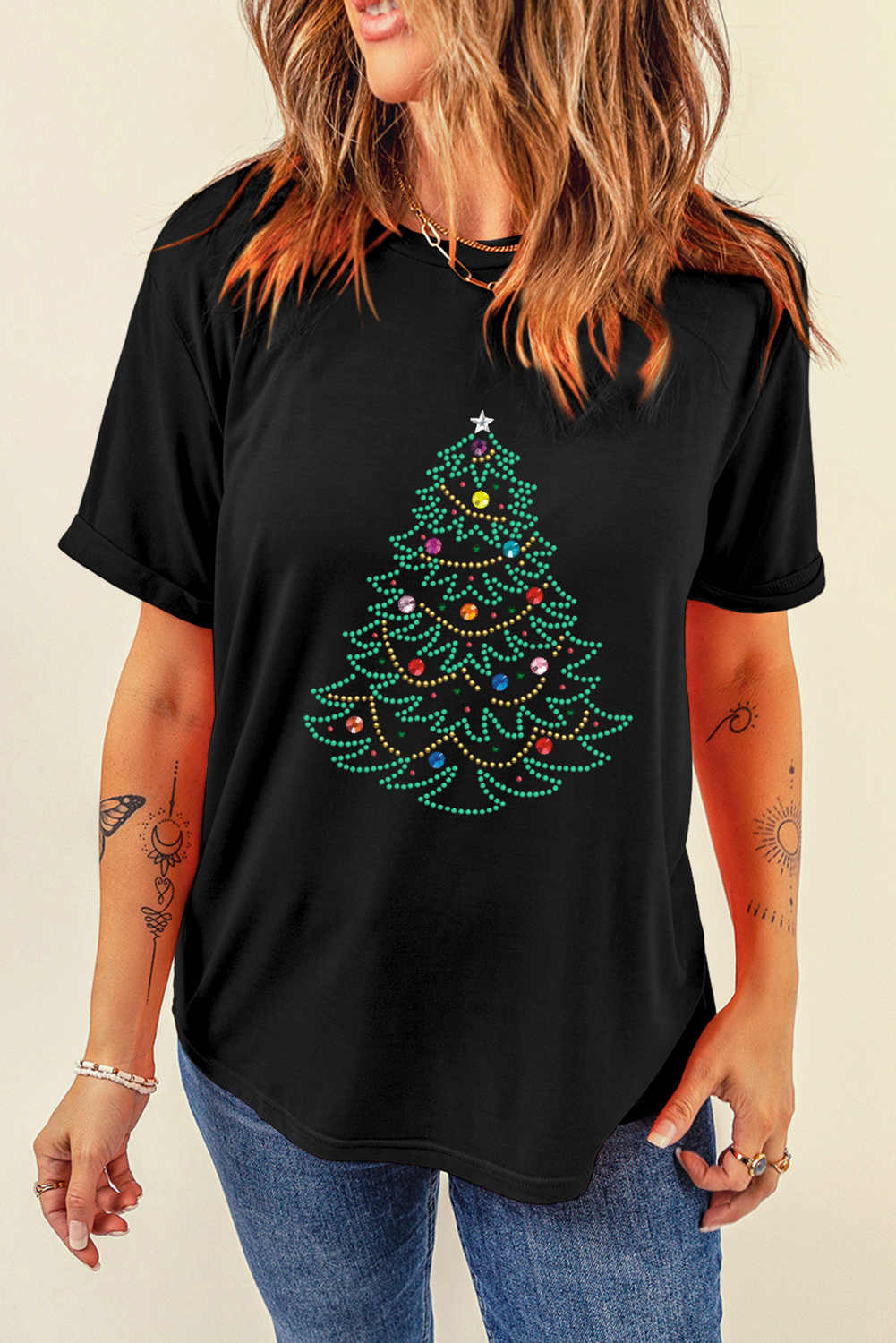 Black Rhinestone Christmas Tree Round Neck Graphic Tee - loveforevers