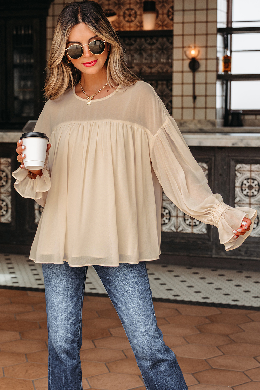 Parchment Pleated Ruffle Long Sleeve Chiffon Blouse - loveforevers