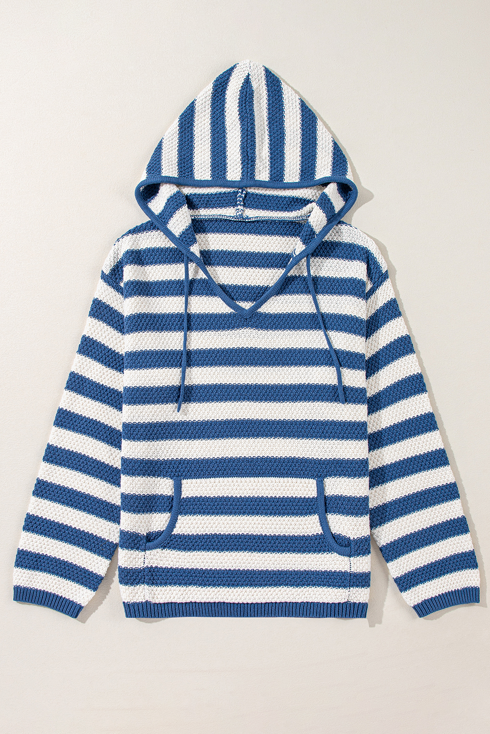 Blue Stripe V Neck Pocketed Drawstring Hooded Sweater - loveforevers