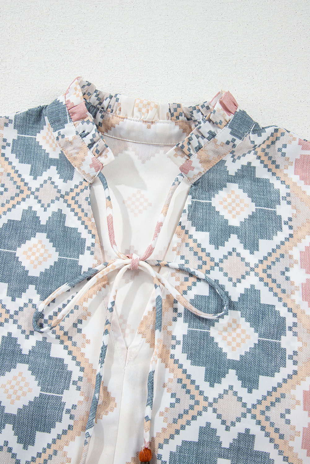Khaki Geometric Print Tassel Tie Split Neck Balloon Sleeve Blouse - loveforevers