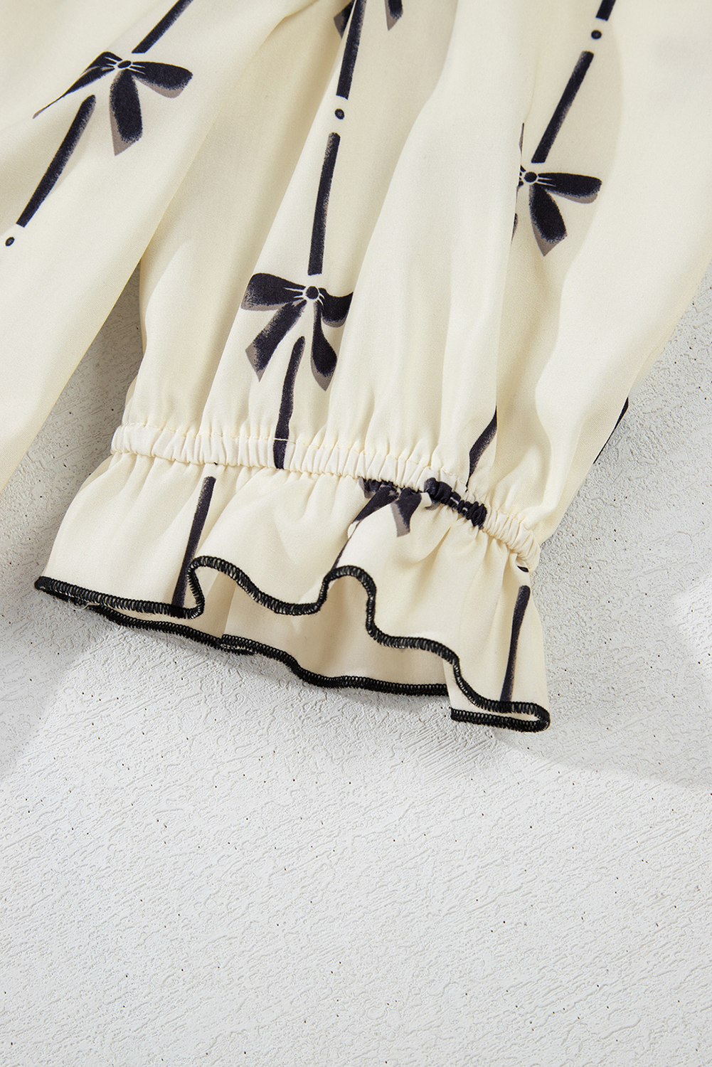 Beige Cute Bowknot Printed Bubble Sleeve V Neck Mini Dress - loveforevers