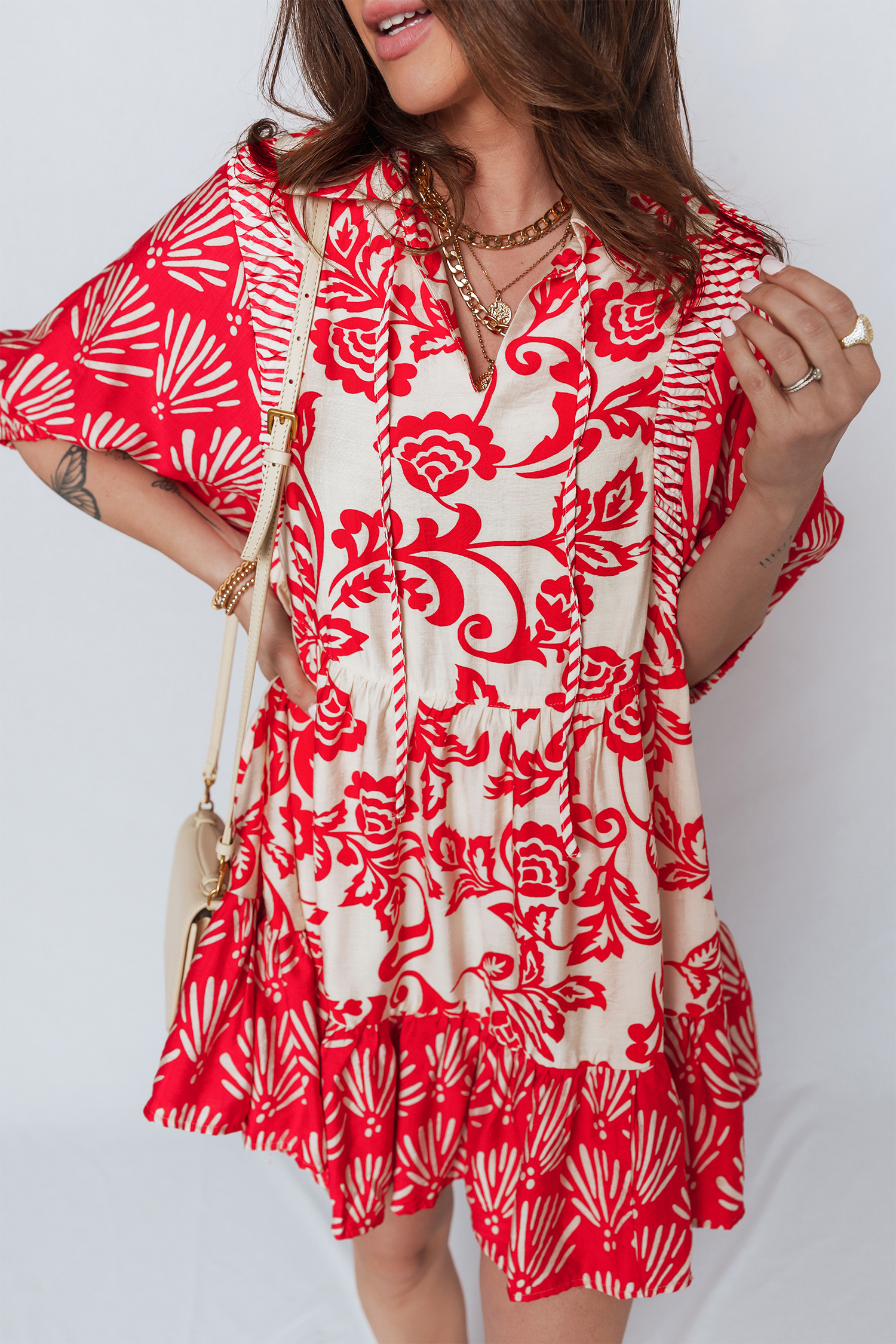 Red Collared V Neck Half Sleeve Loose Flower Mini Dress - loveforevers