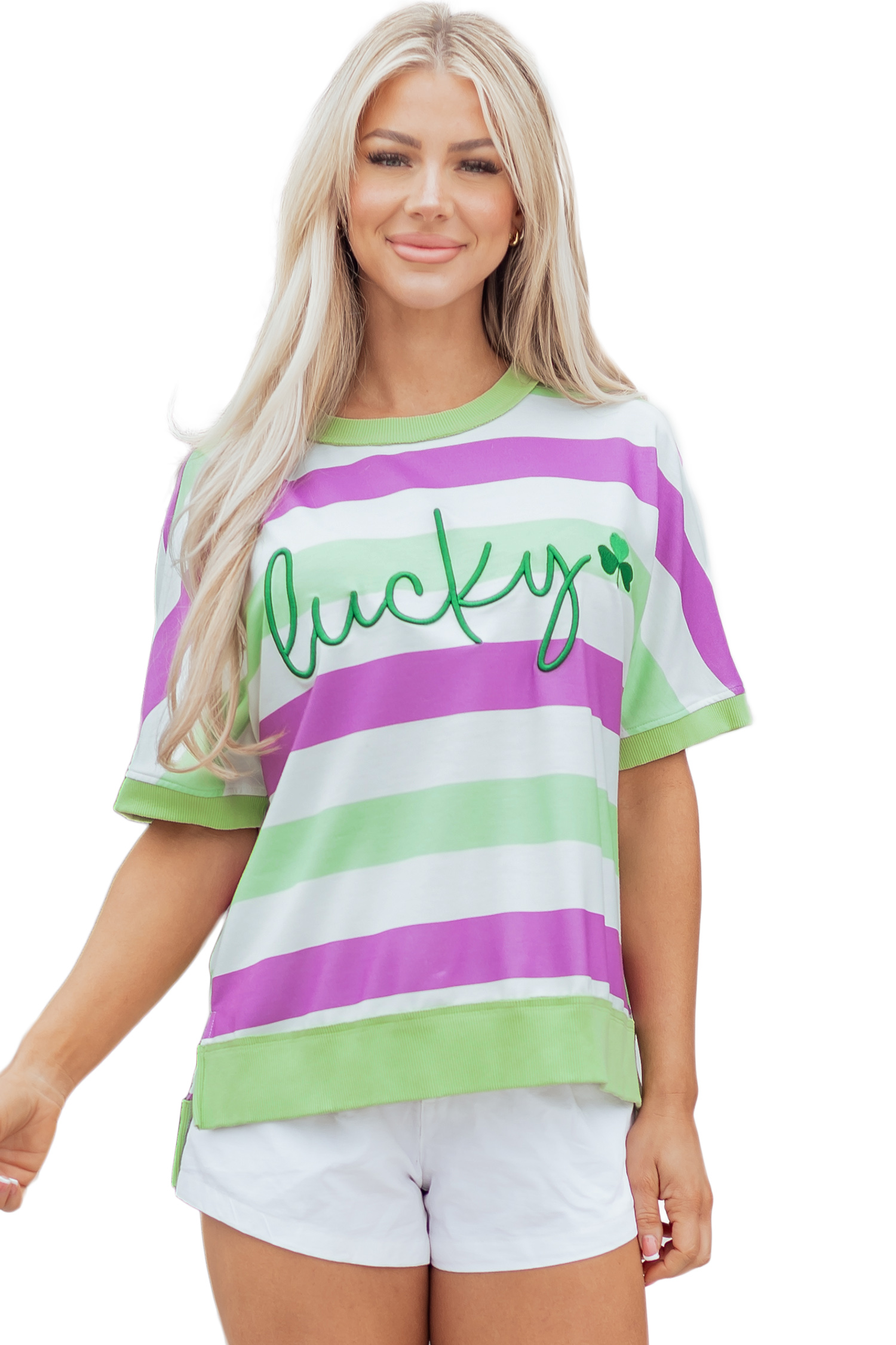 Green Stripe Lucky Clover Embroidered Graphic Dolman Loose Tee - loveforevers
