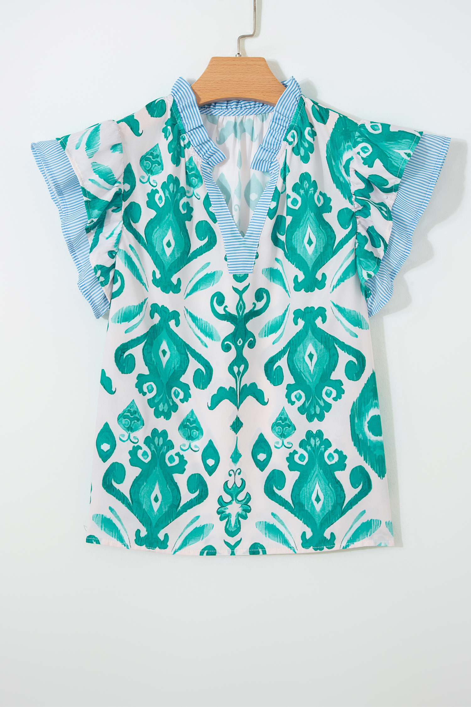 Sky Blue Ethnic Print Striped Trim Flutter Sleeve Top - loveforevers