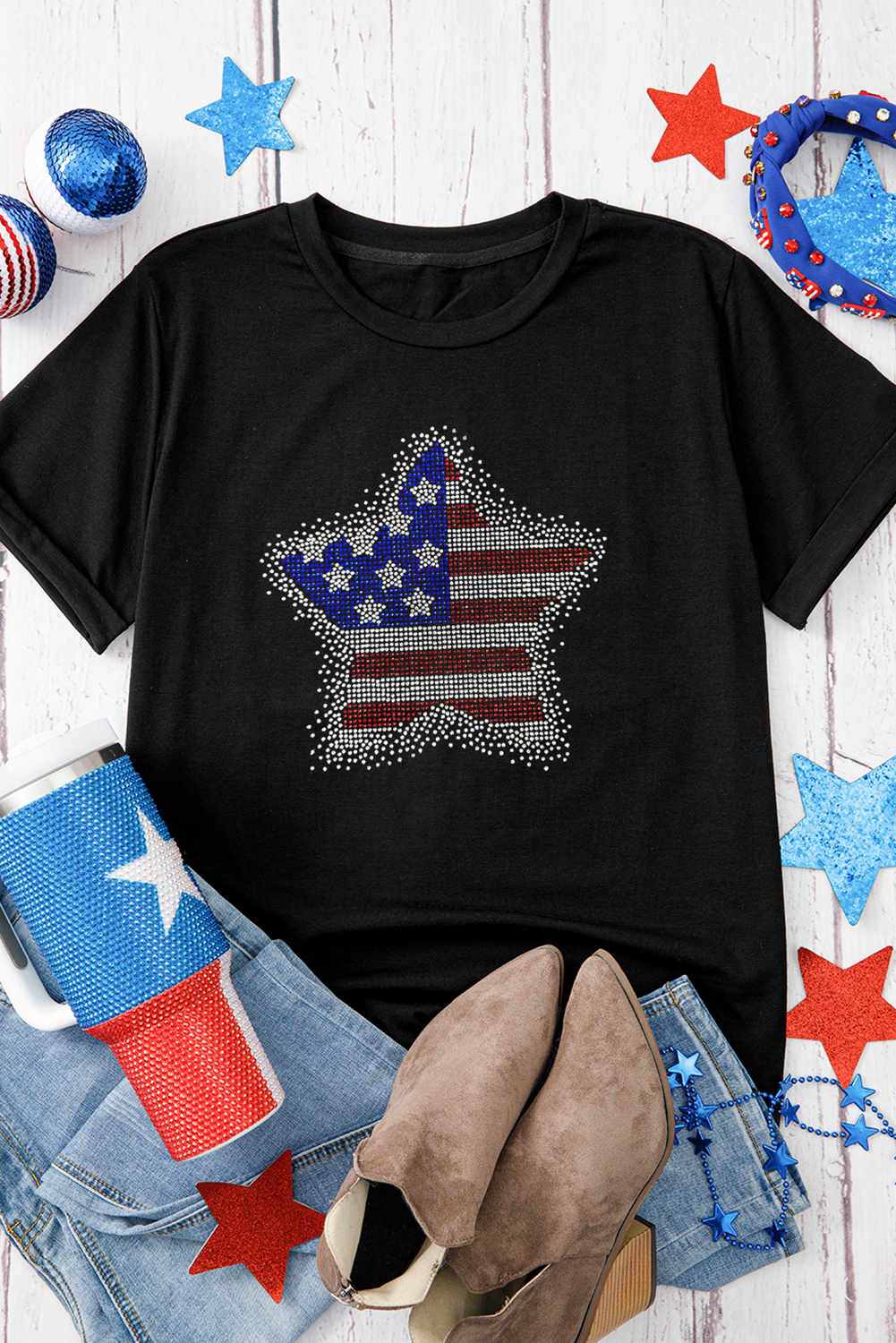 Black Flag Inspired Rhinestone Star Graphic T Shirt - loveforevers