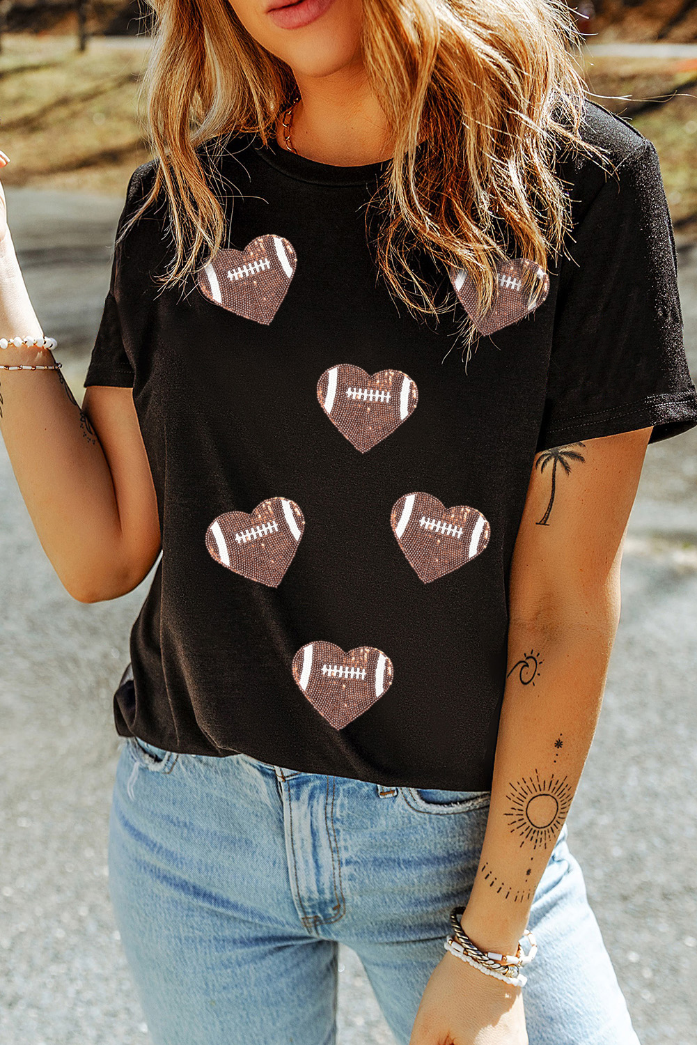Black Rugby Football Sequin Heart Patched Graphic Tee - loveforevers