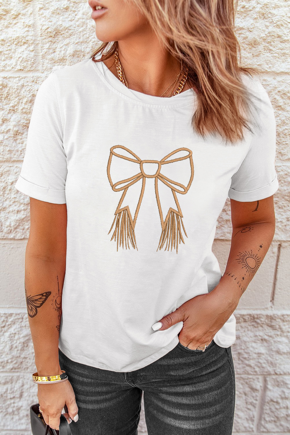 White Tassel Bowknot Embroidered Graphic Print Western Round Neck T Shirt - loveforevers