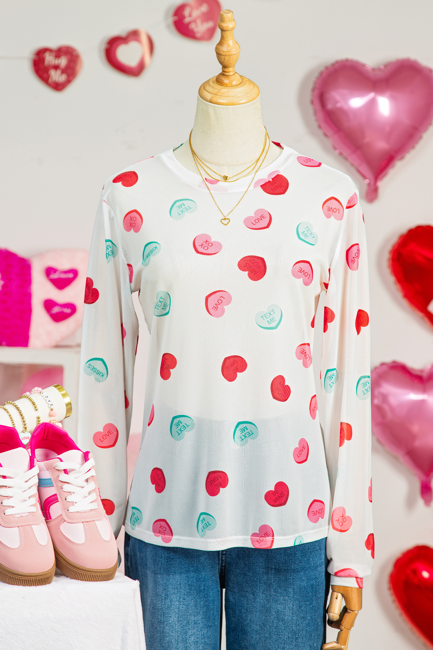 White Sheer Mesh Valentines Slogan Heart Printed Long Sleeve Top - loveforevers