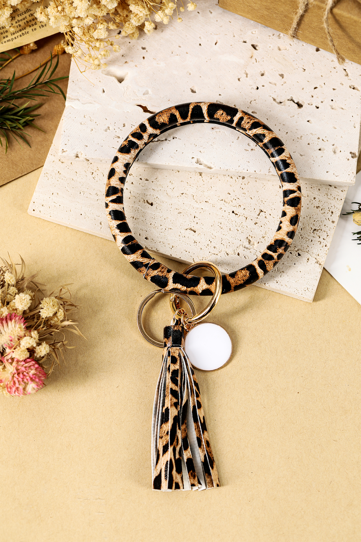 Parchment Leopard PU Leather Tassel Key Chain Bangle Bracelet - loveforevers