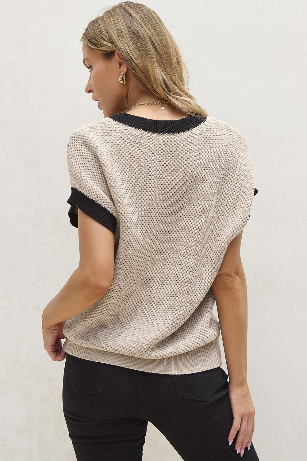 Light French Beige Contrast Trim Round Neck Batwing Sleeve Sweater Top - loveforevers