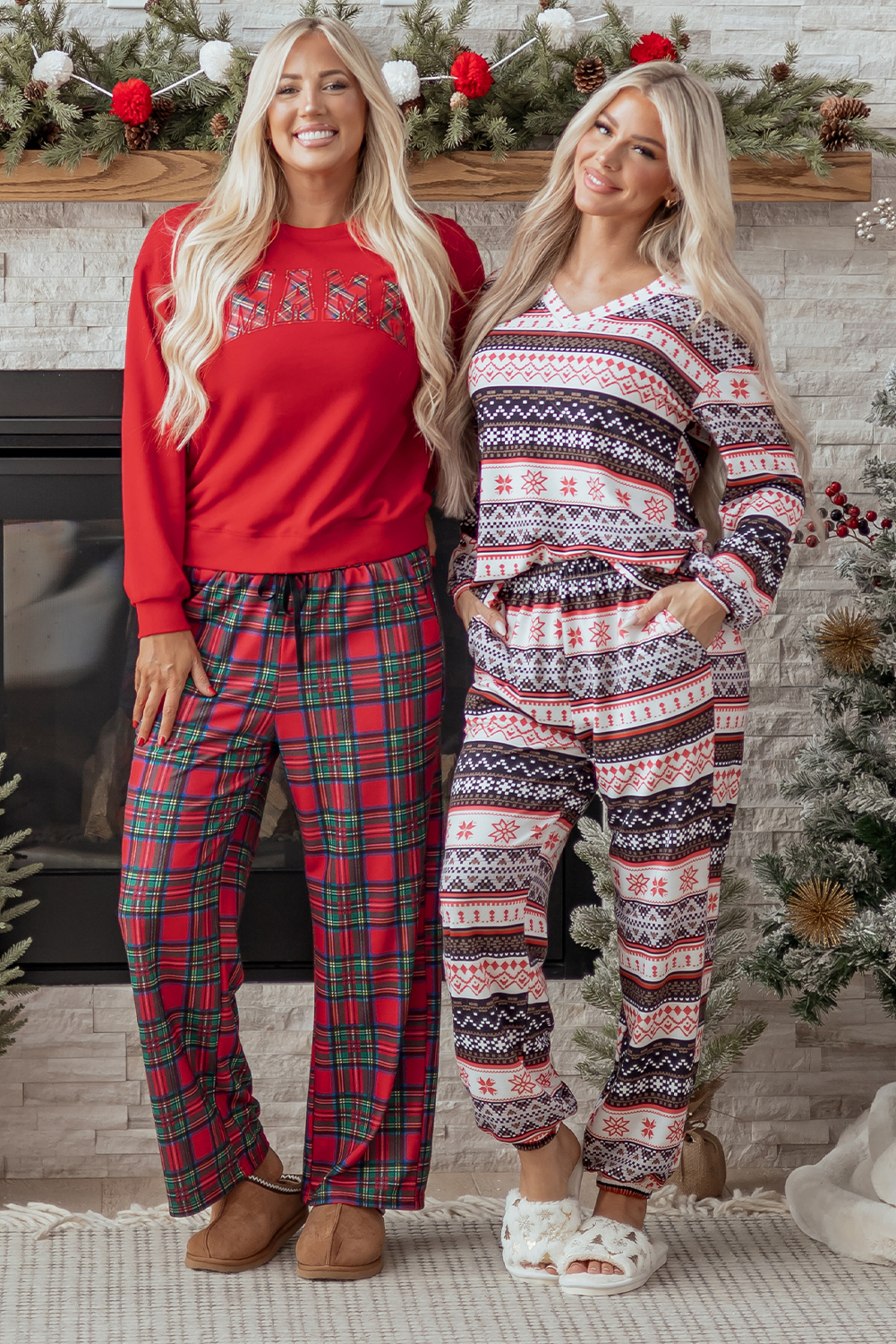 Red Plaid Mama Graphic Christmas Holiday Crewneck Pullover and Pants Two Piece Lounge Set - loveforevers