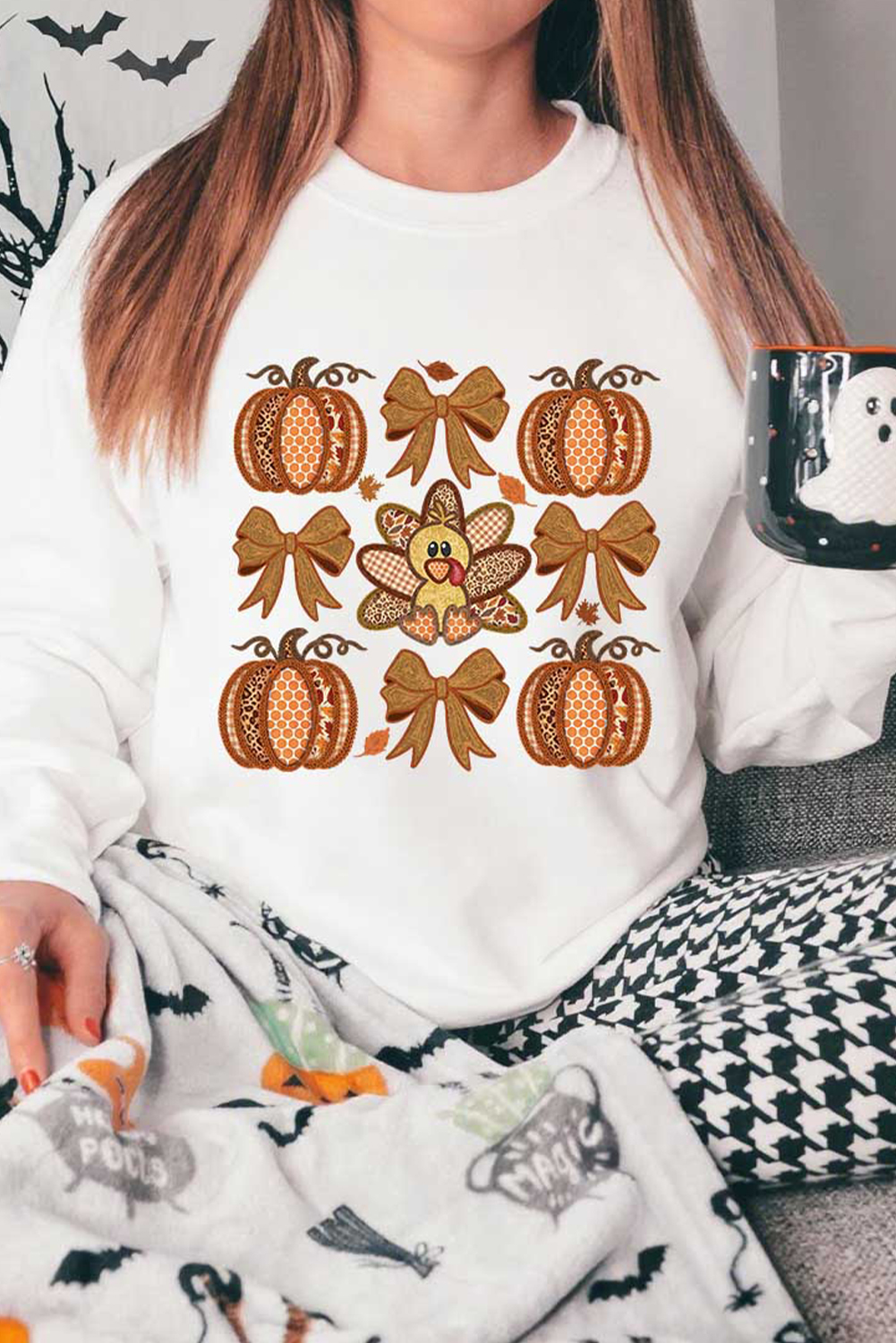 White Cute Turkey Fall Pumpkin Bow Print Drop Shoulder Sweatshirt - loveforevers