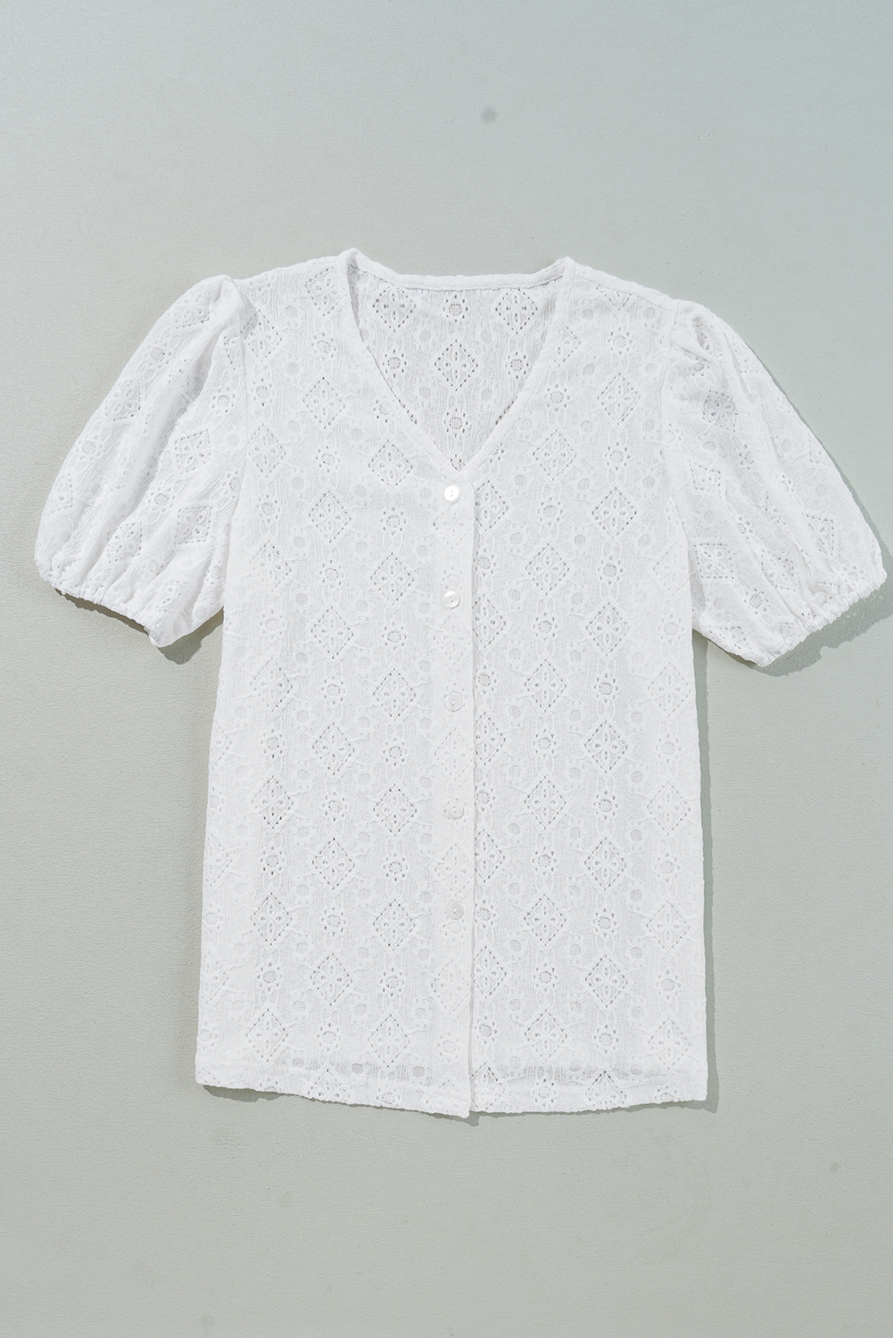 White Lace Puff Sleeve V Neck Button Up Shirt - loveforevers