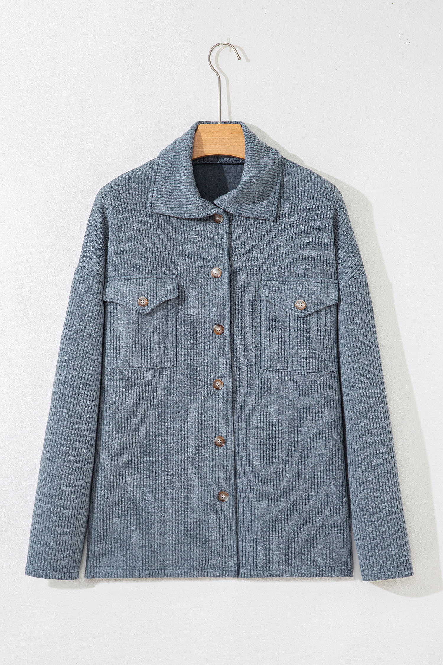 Medium Grey Ribbed Knit Buttons Front Flap Pocket Casual Shacket - loveforevers