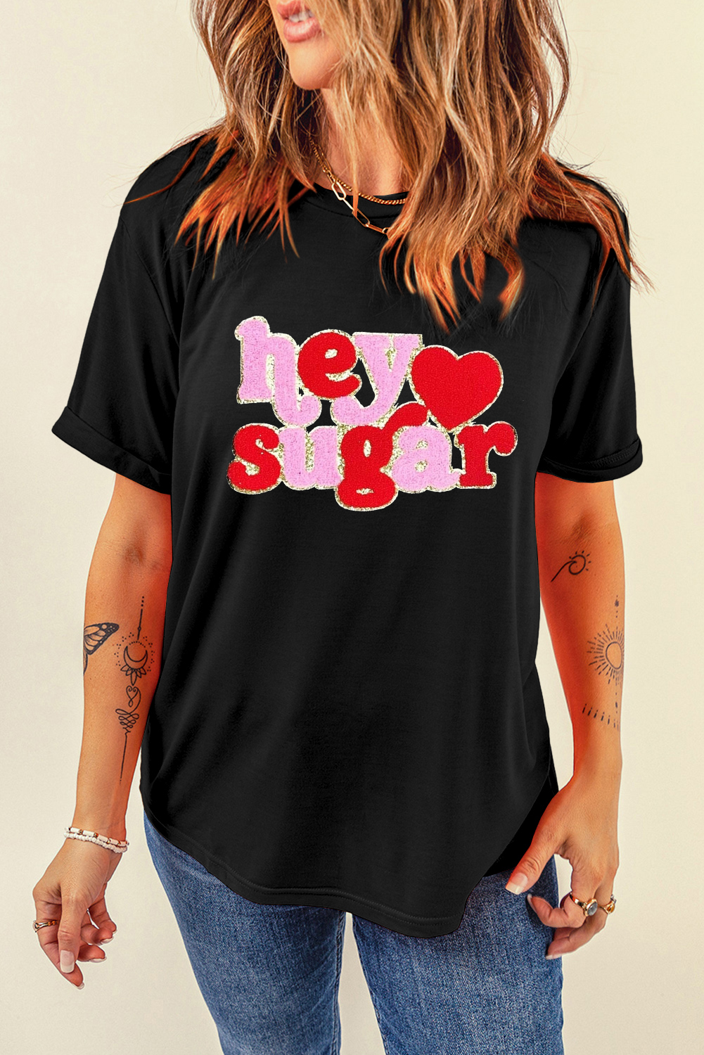 Black Chenille Heart hey sugar Patched Crewneck Valentines Tee - loveforevers