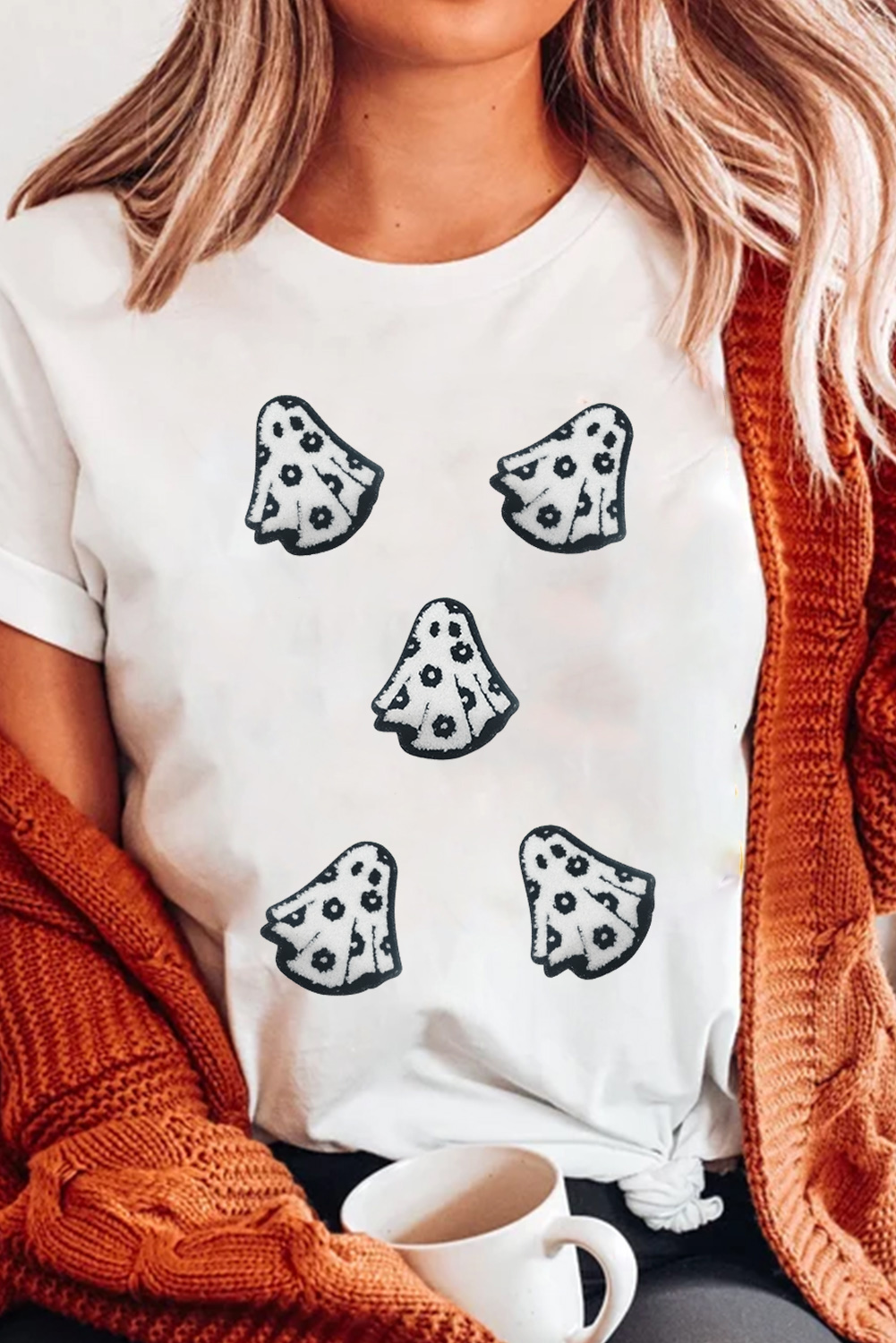 White Playful Ghost Patched Cotton Blend T Shirt - loveforevers