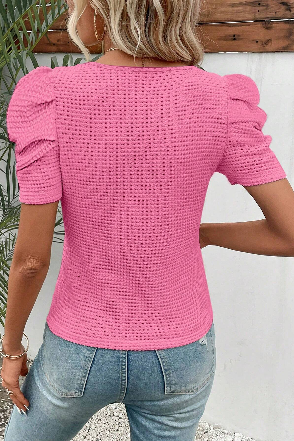Bright Pink Waffle Knit Ruched Puff Sleeve Top - loveforevers