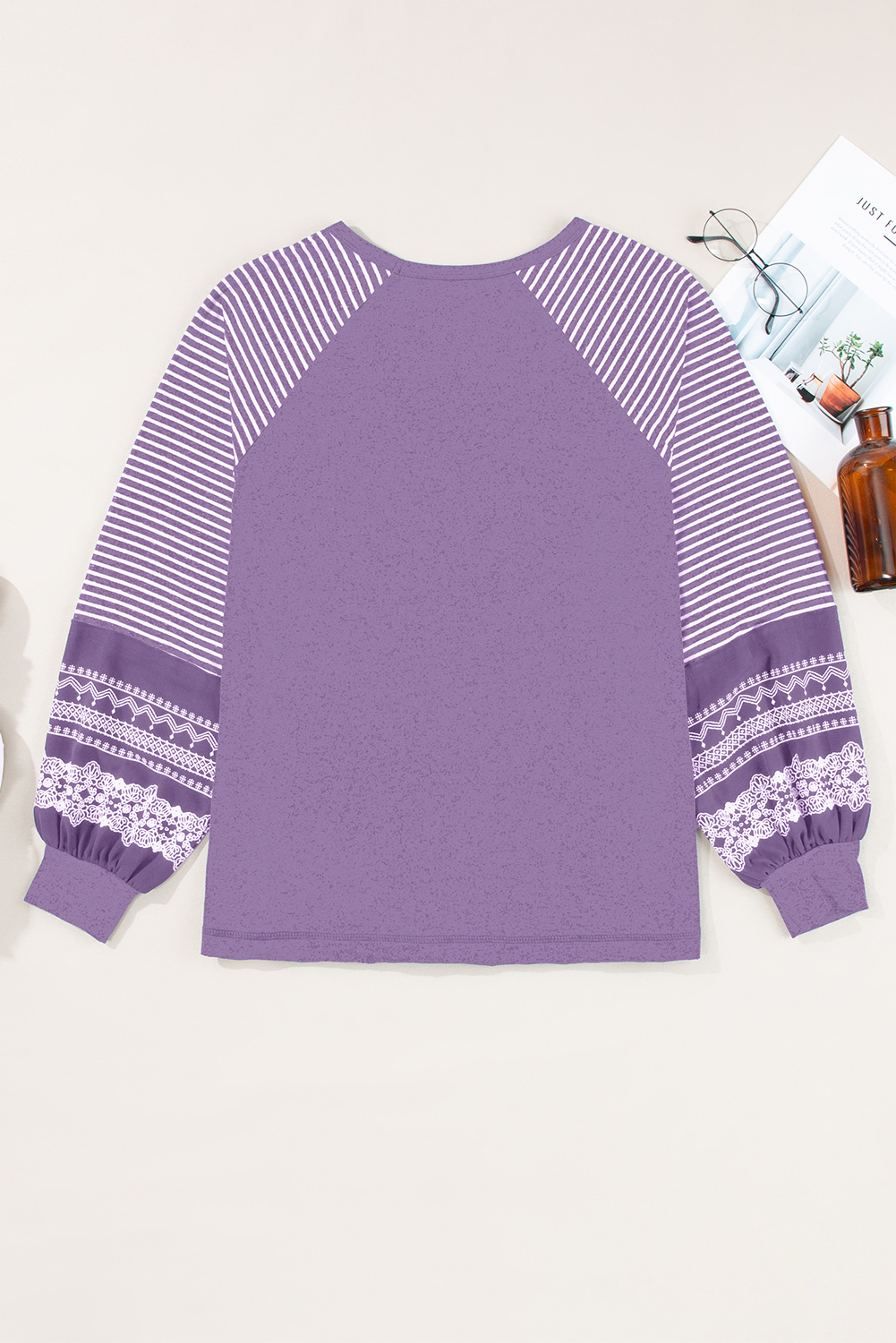 Tillandsia Purple Contrast Print Striped Raglan Long Sleeve Loose Top - loveforevers