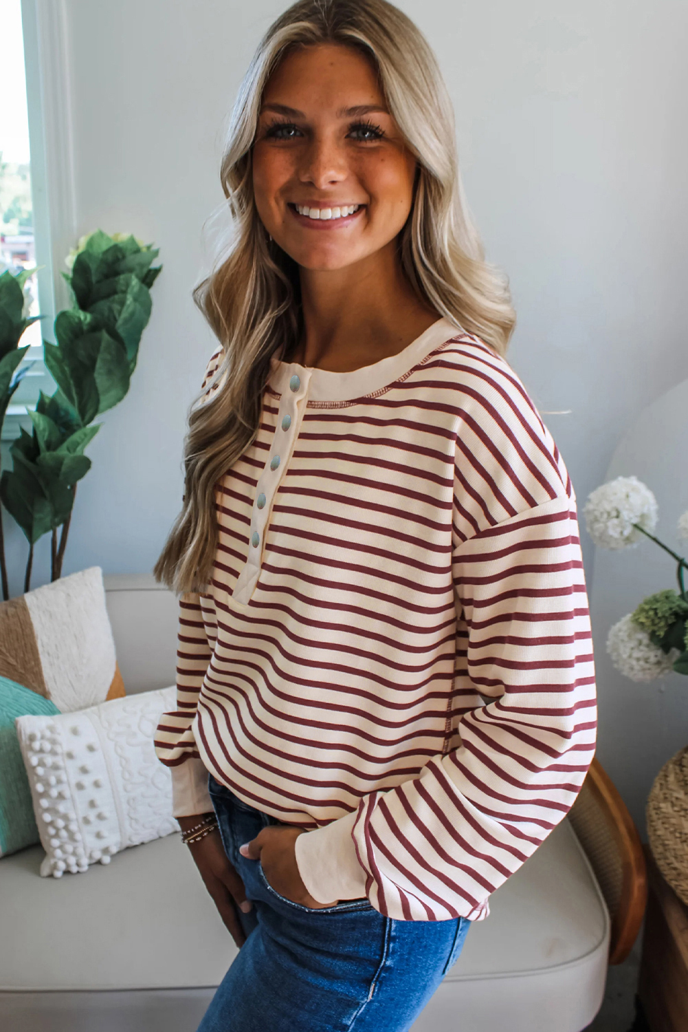 Red Dahlia Striped Print Drop Shoulder Long Sleeve Henley Top - loveforevers