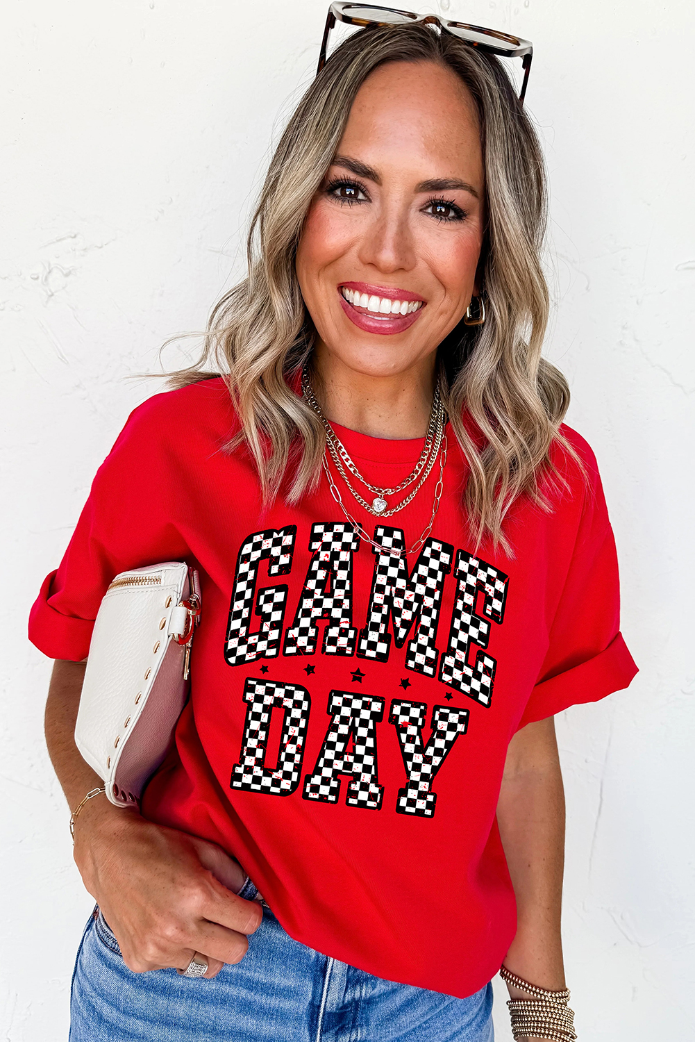 Red Checkered Game Day Graphic T Shirt - loveforevers