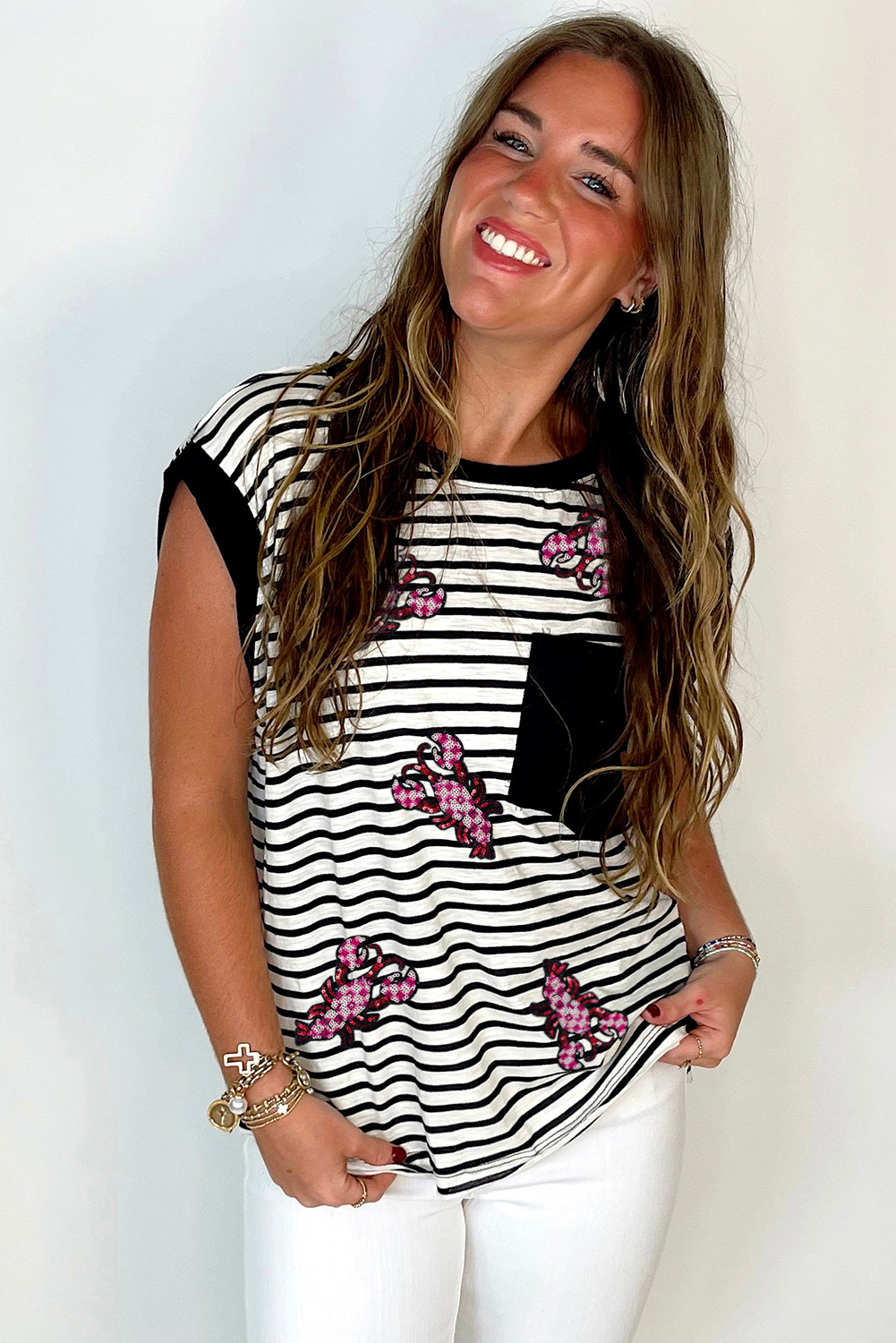 Black Stripe Sequined Lobster Patched Pocket Casual Tank Top - loveforevers