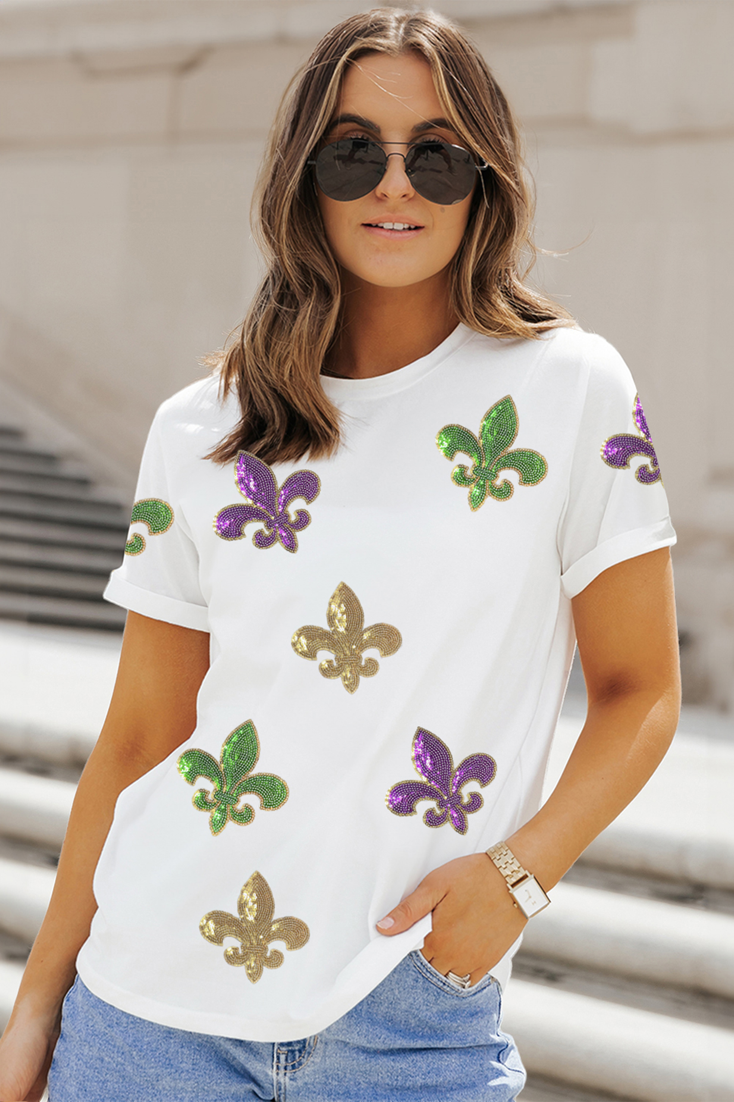 White Mardi Gras Fleur De Lis Sequin Graphic T Shirt - loveforevers